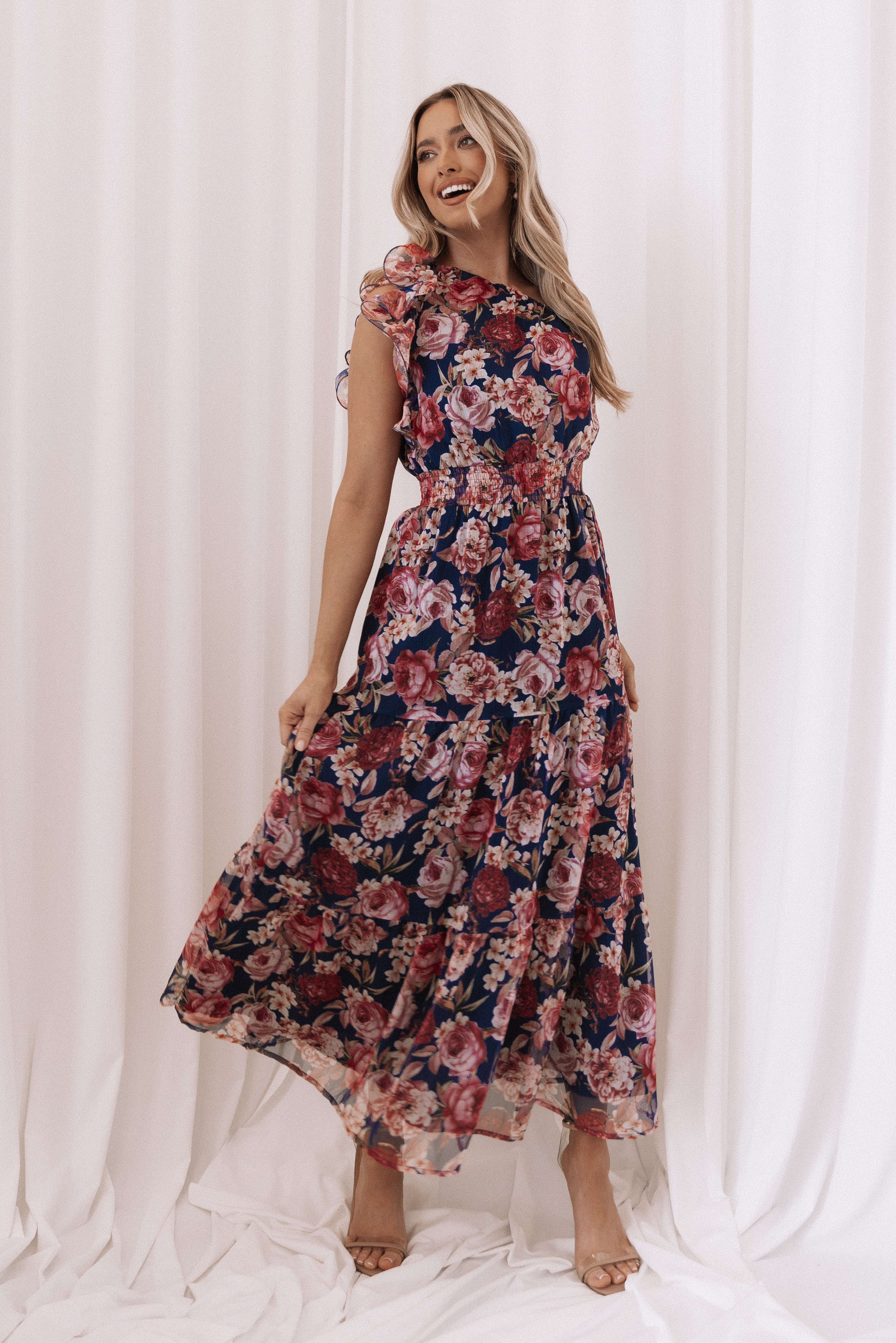 Layley Navy Floral One Shoulder Maxi Dress with Shirred Waist