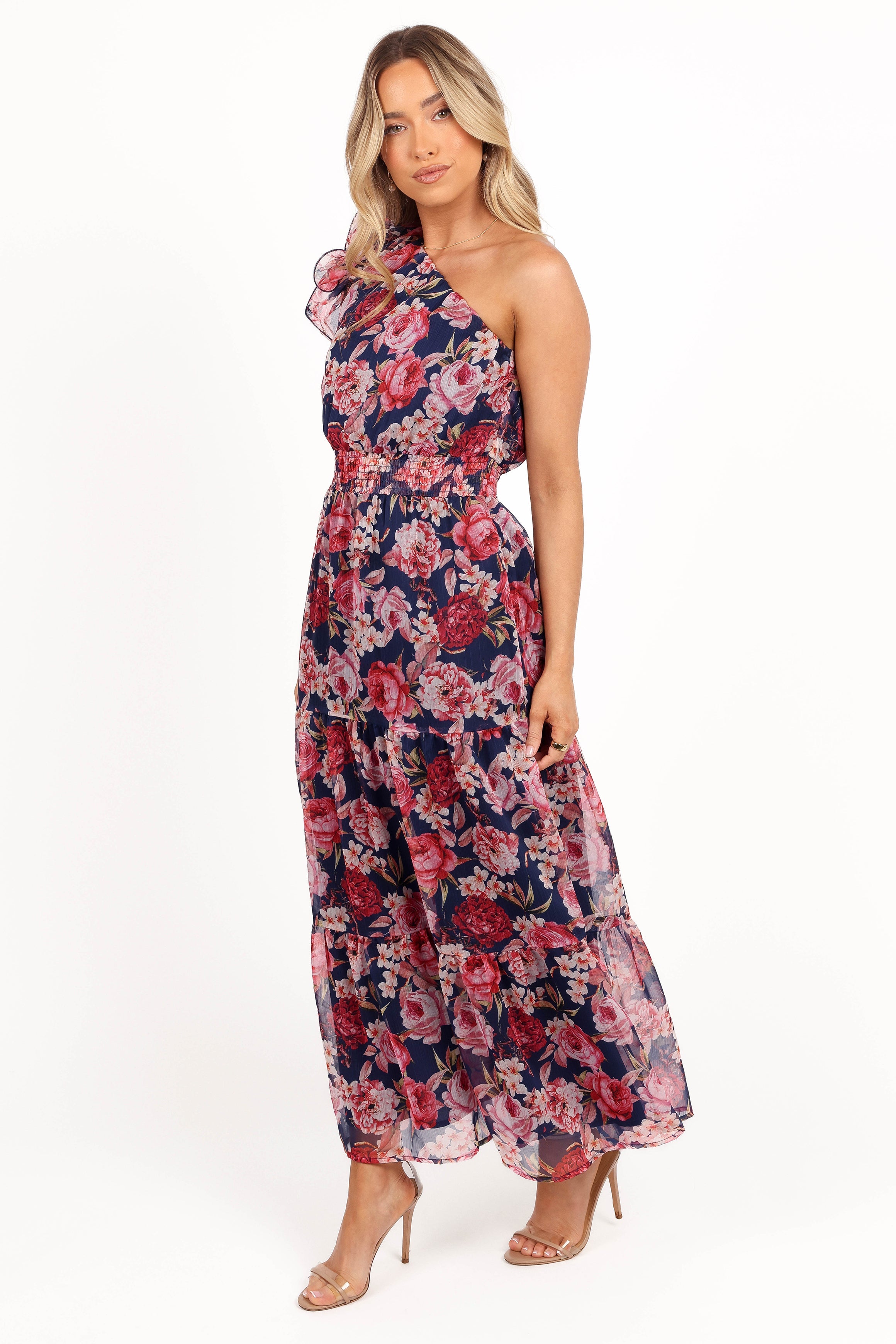 Layley Navy Floral One Shoulder Maxi Dress with Shirred Waist