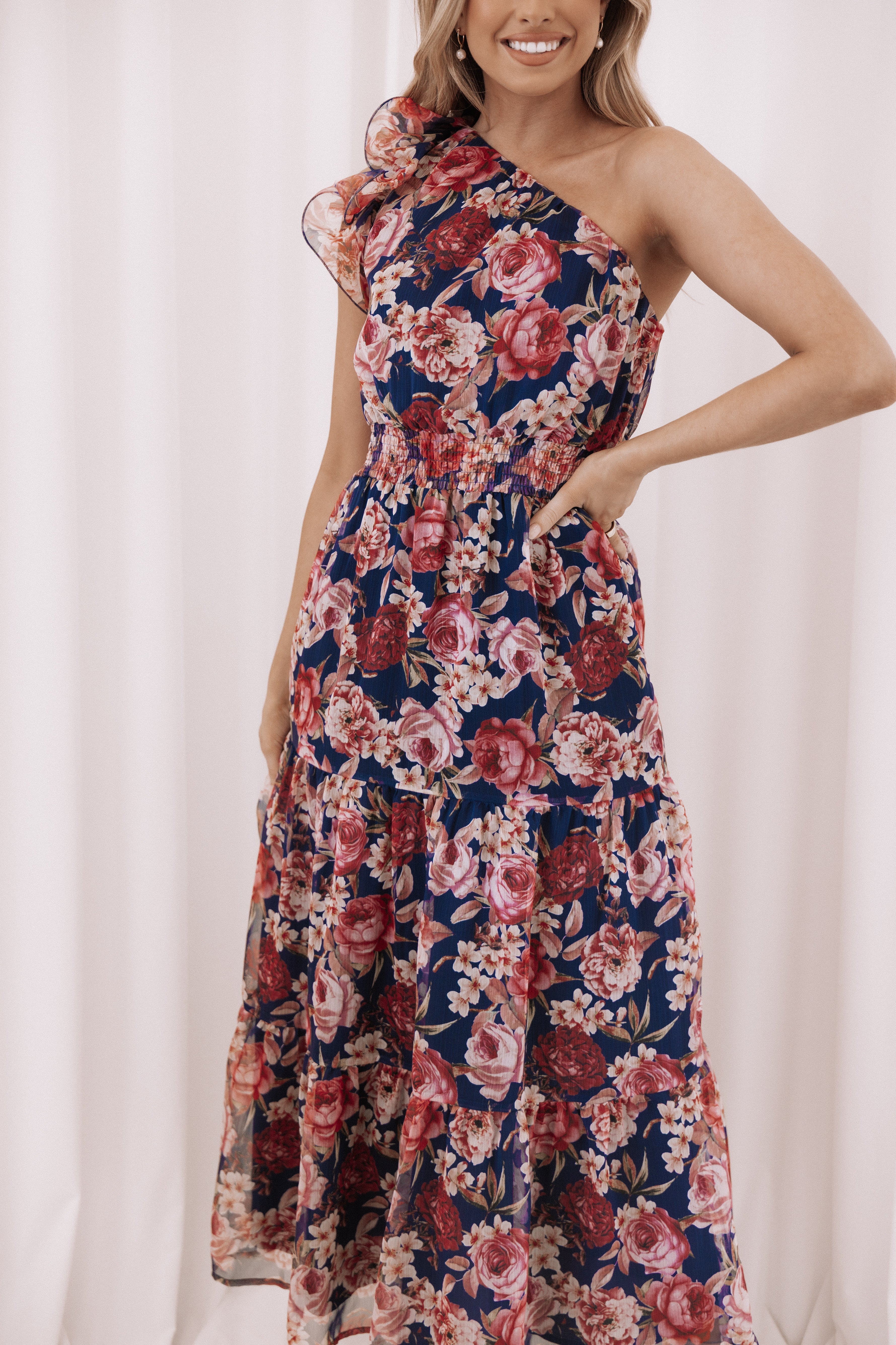 Layley Navy Floral One Shoulder Maxi Dress with Shirred Waist