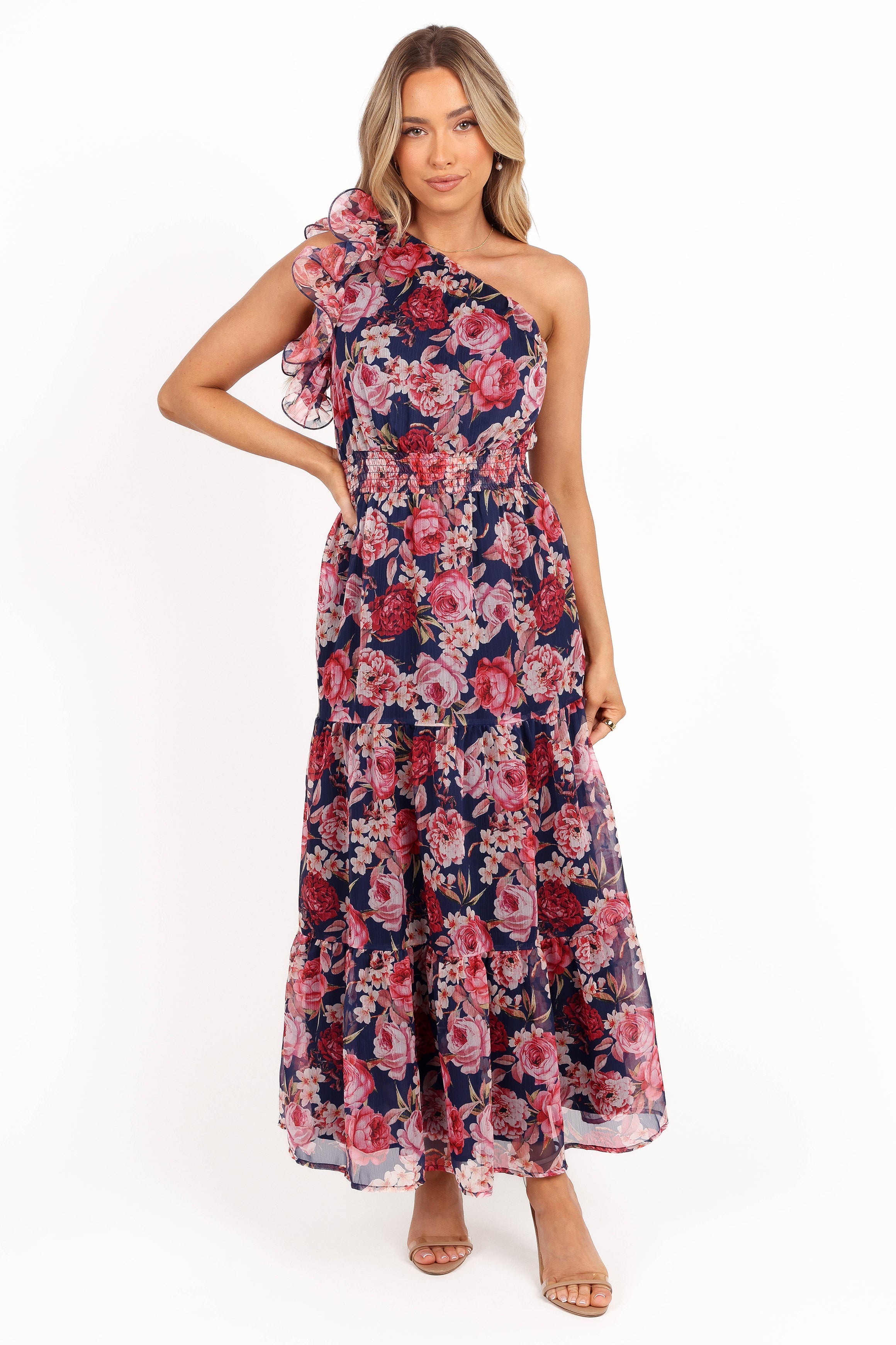 Layley Navy Floral One Shoulder Maxi Dress with Shirred Waist