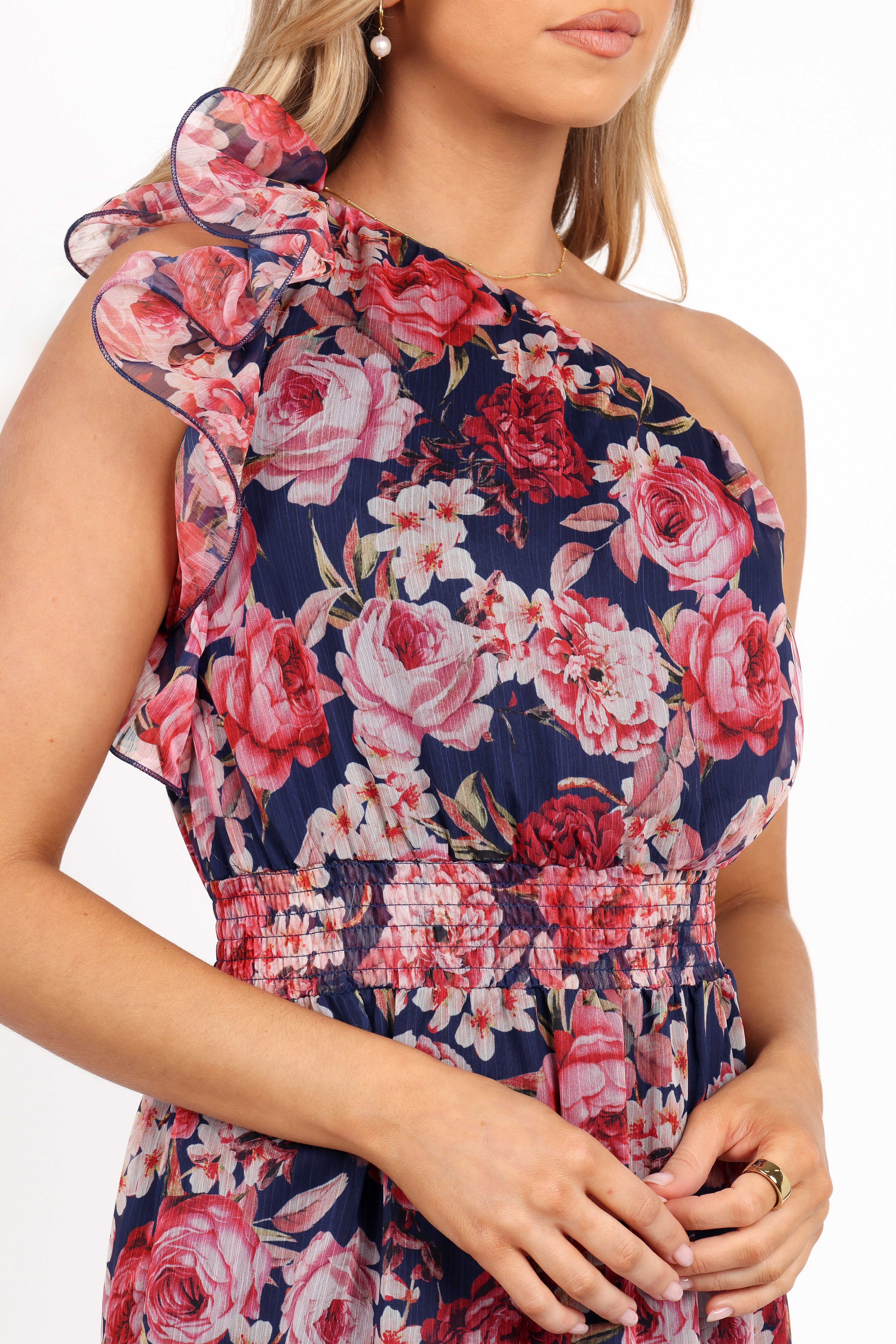 Layley Navy Floral One Shoulder Maxi Dress with Shirred Waist