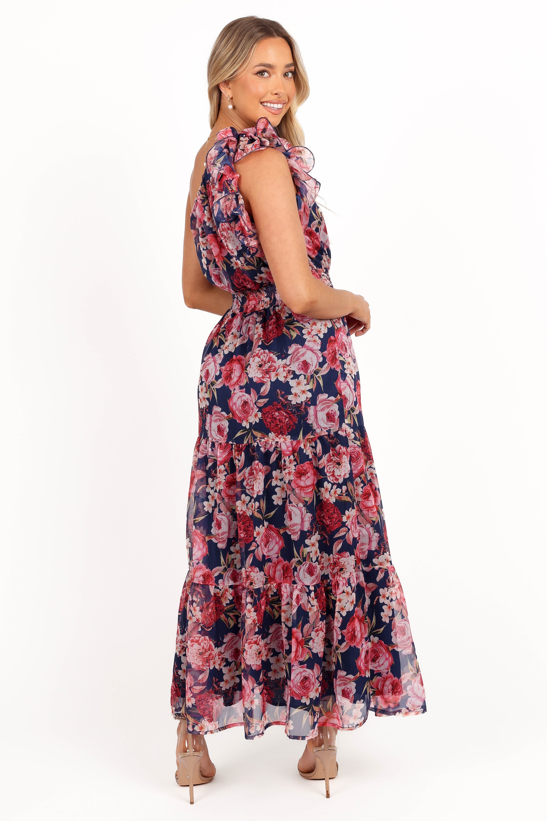 Layley Navy Floral One Shoulder Maxi Dress with Shirred Waist