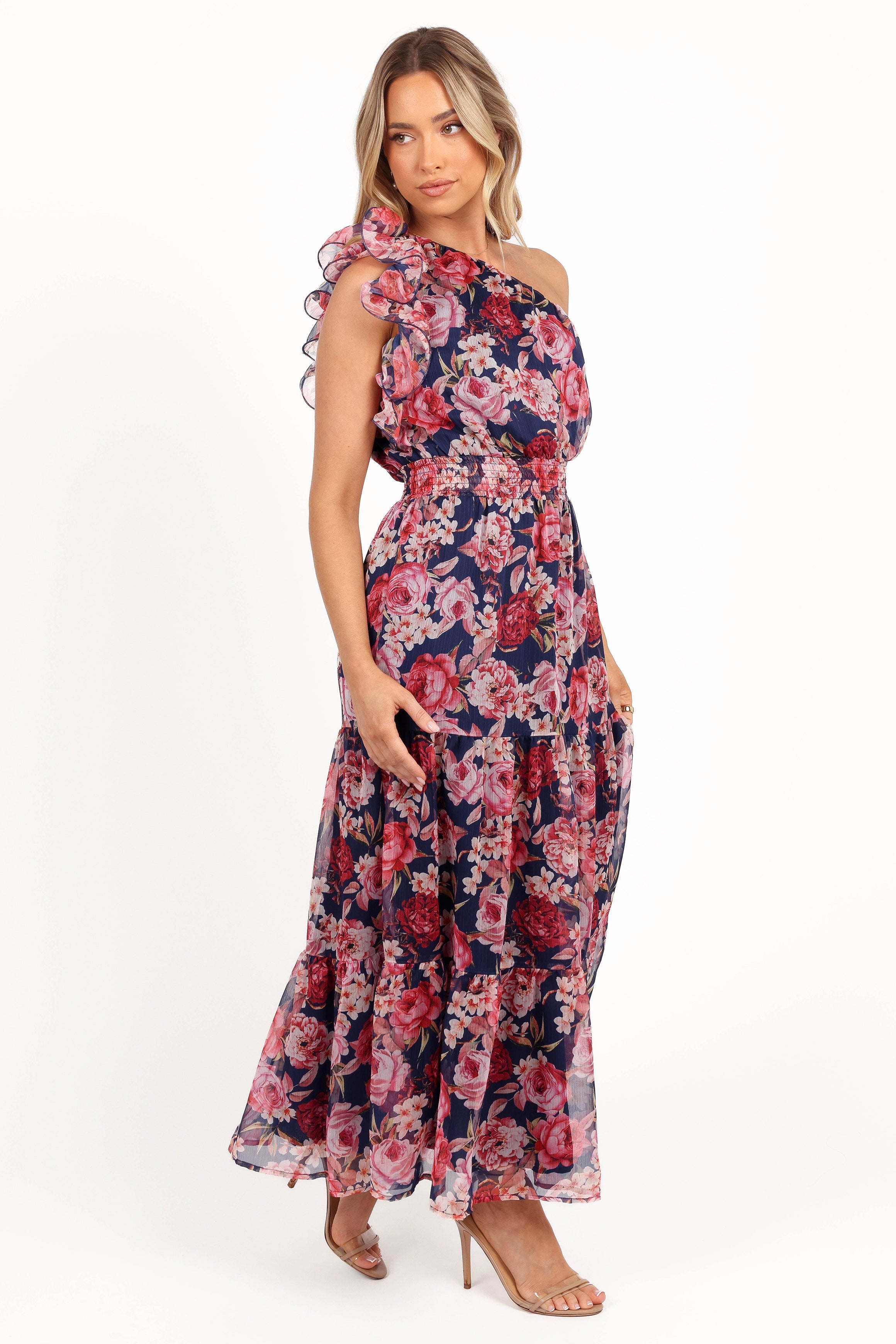 Layley Navy Floral One Shoulder Maxi Dress with Shirred Waist