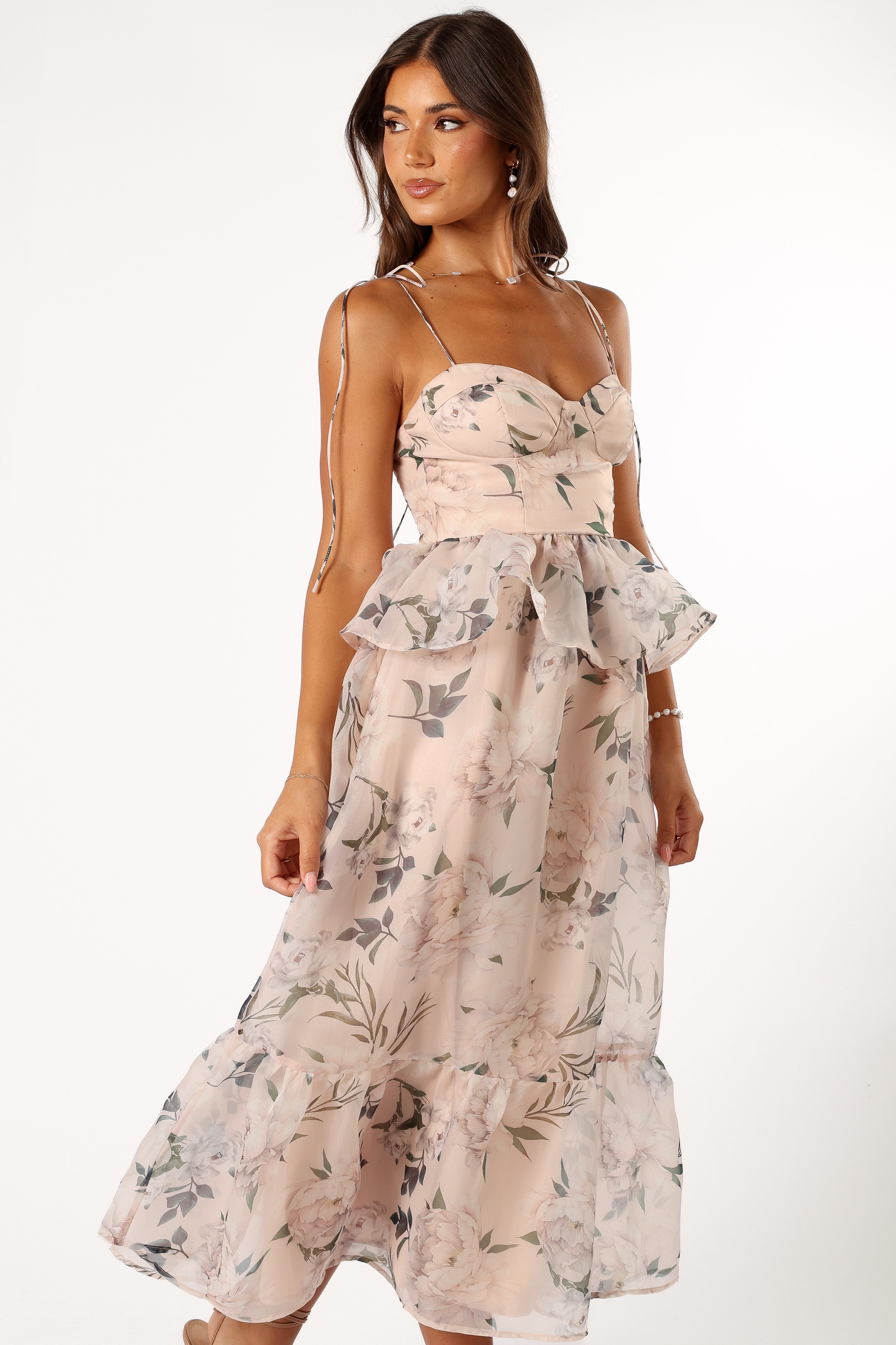 Floral Pink Midi Dress with Sweetheart Neckline & Shirred Back