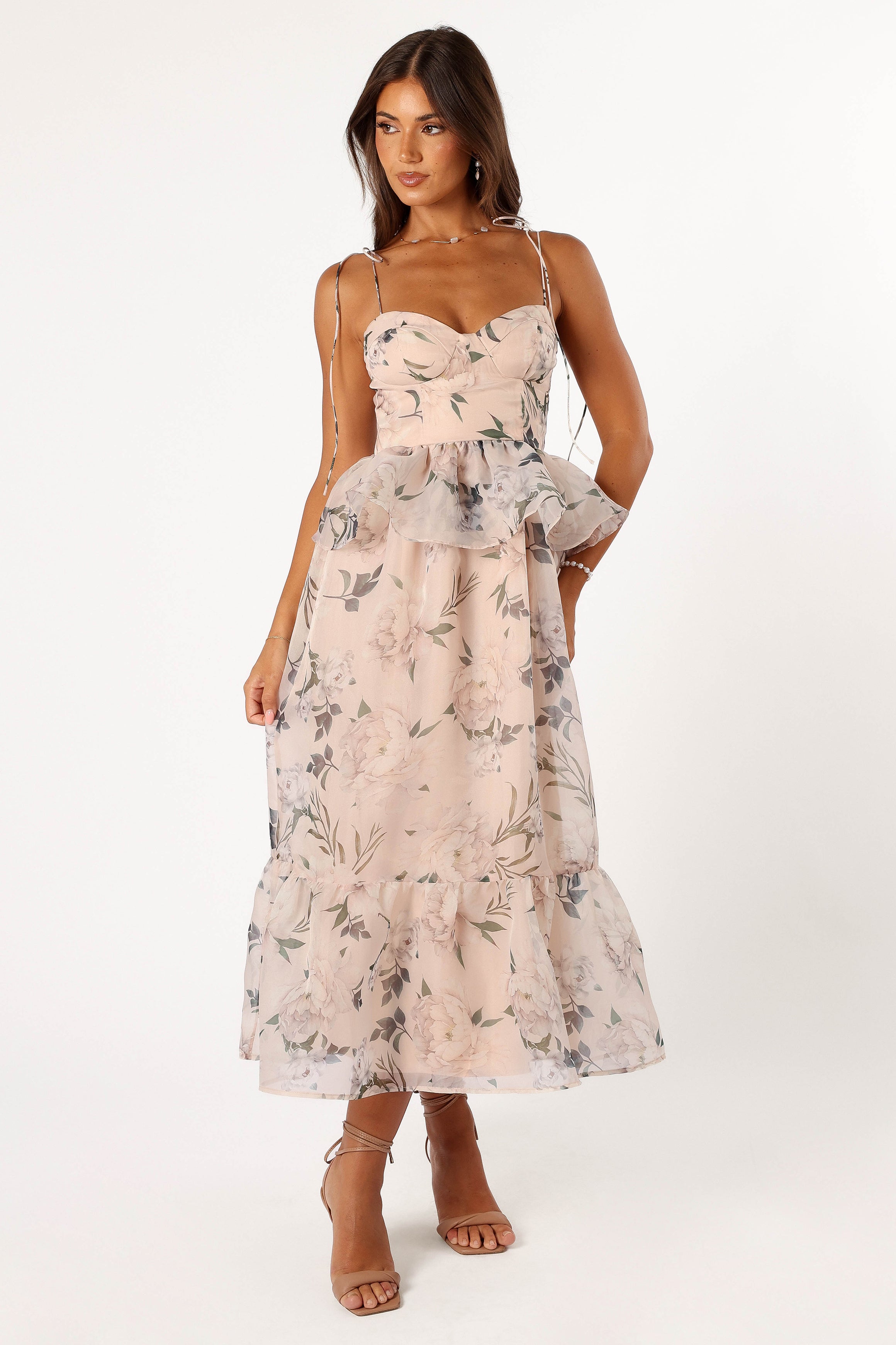 Floral Pink Midi Dress with Sweetheart Neckline & Shirred Back