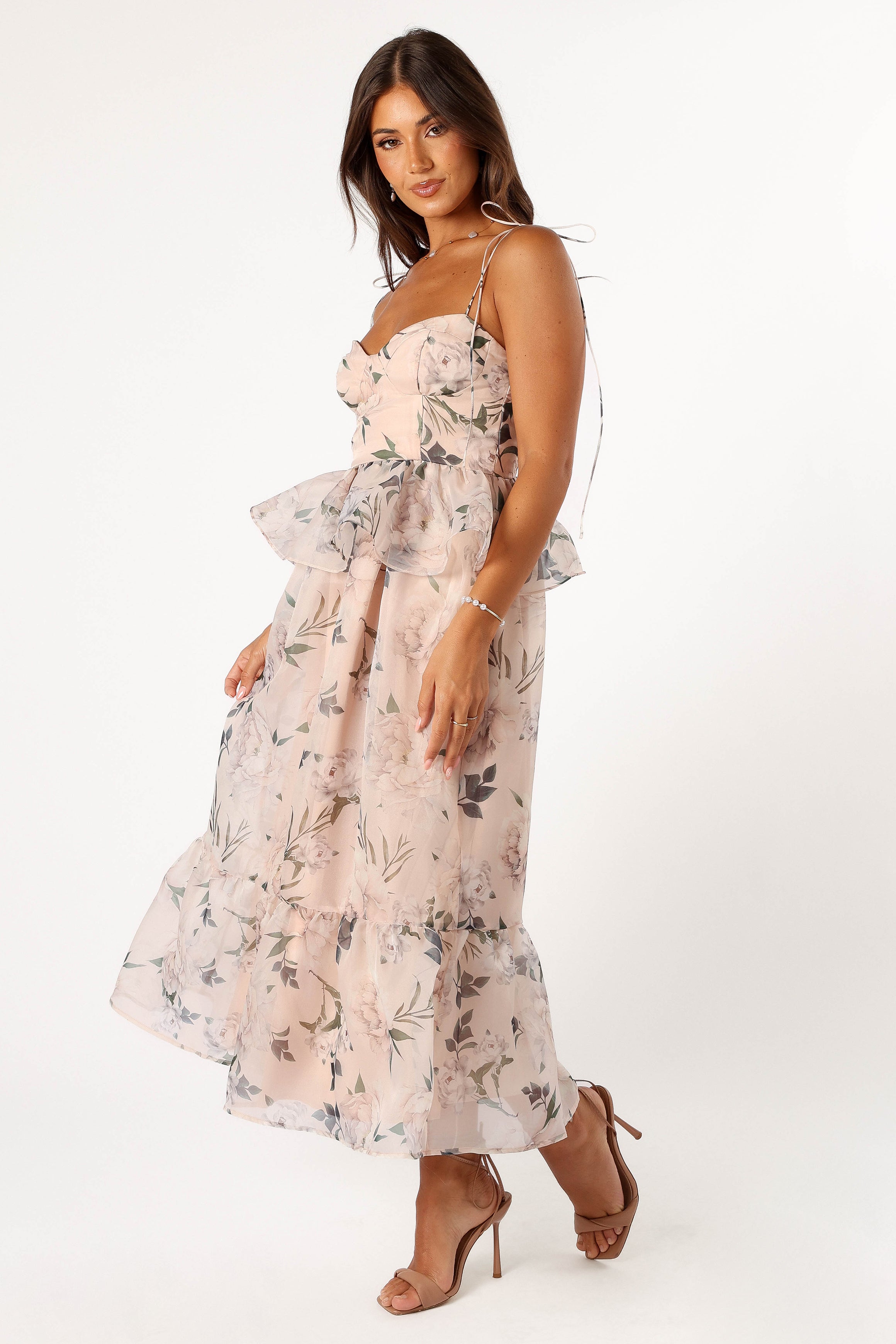 Floral Pink Midi Dress with Sweetheart Neckline & Shirred Back