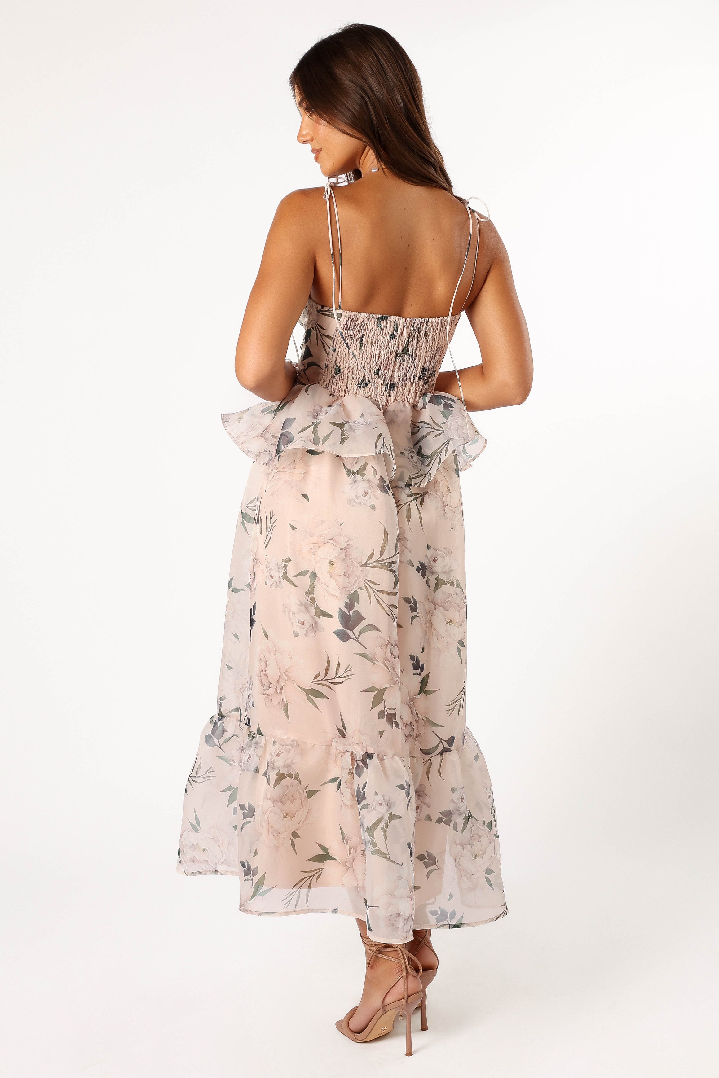 Floral Pink Midi Dress with Sweetheart Neckline & Shirred Back