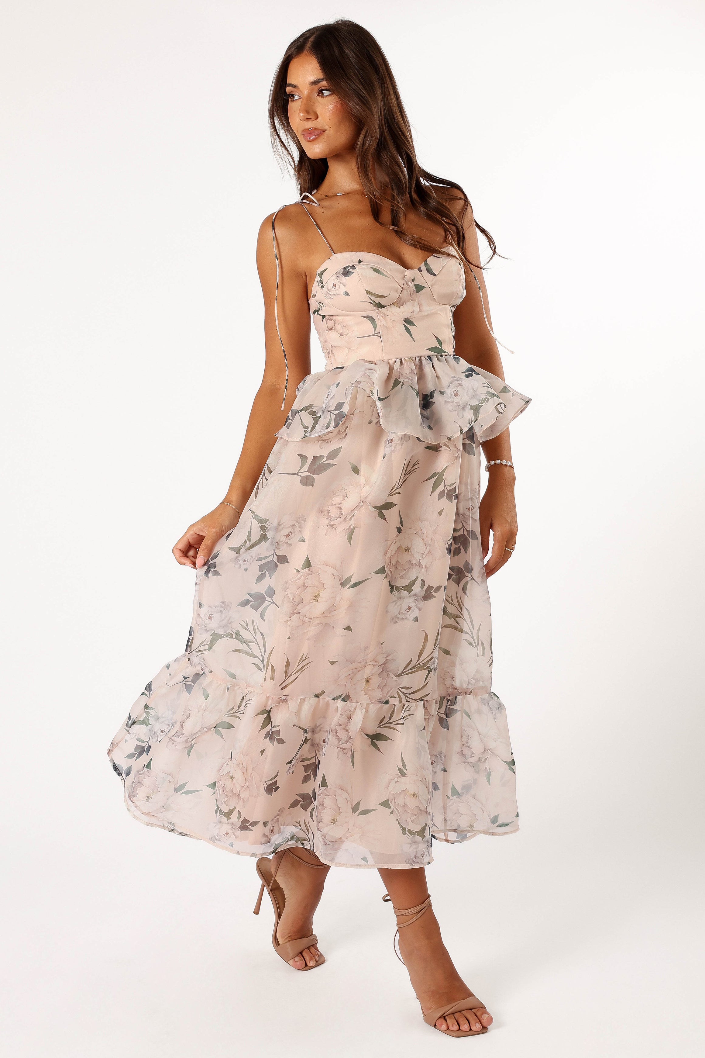 Floral Pink Midi Dress with Sweetheart Neckline & Shirred Back