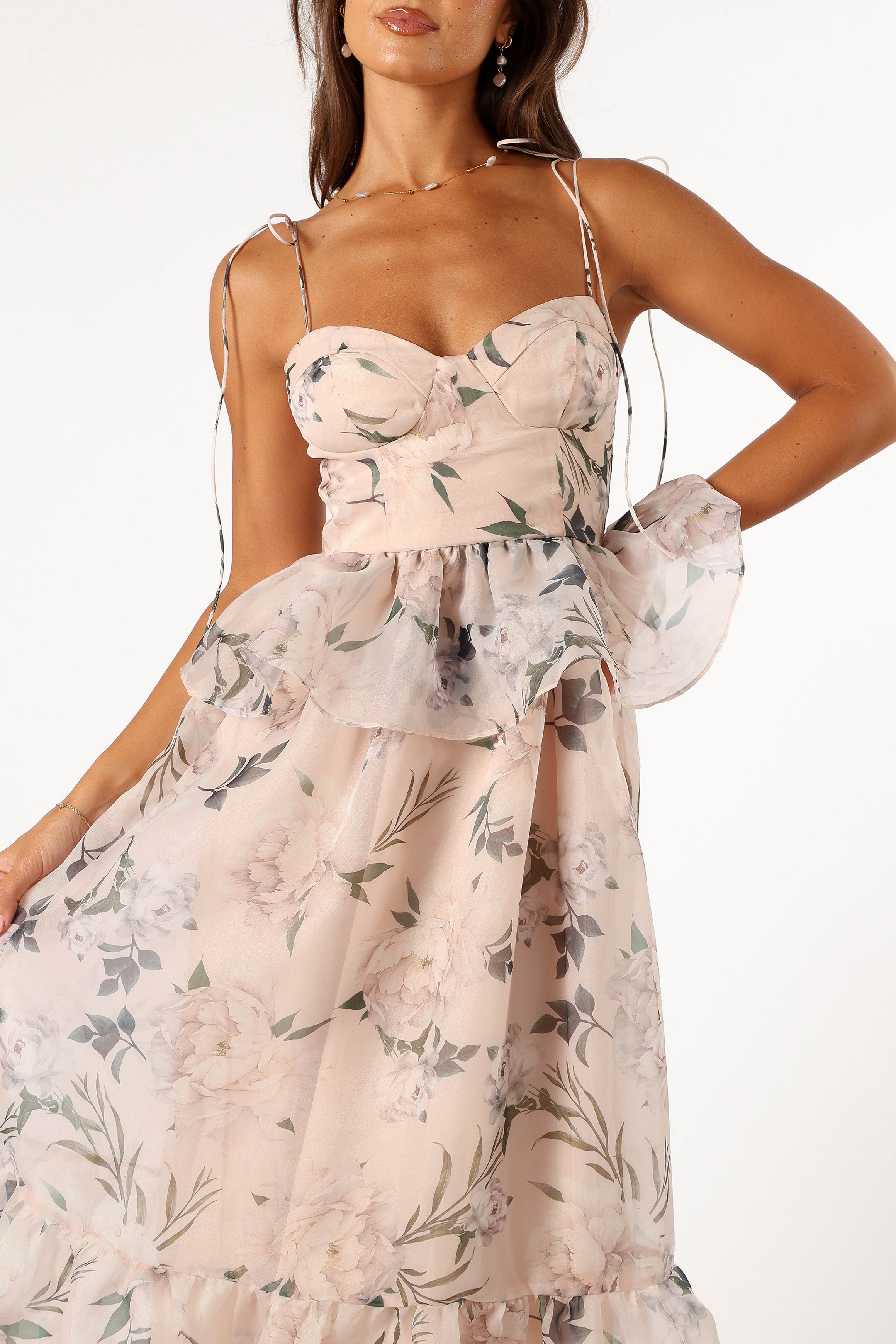 Floral Pink Midi Dress with Sweetheart Neckline & Shirred Back