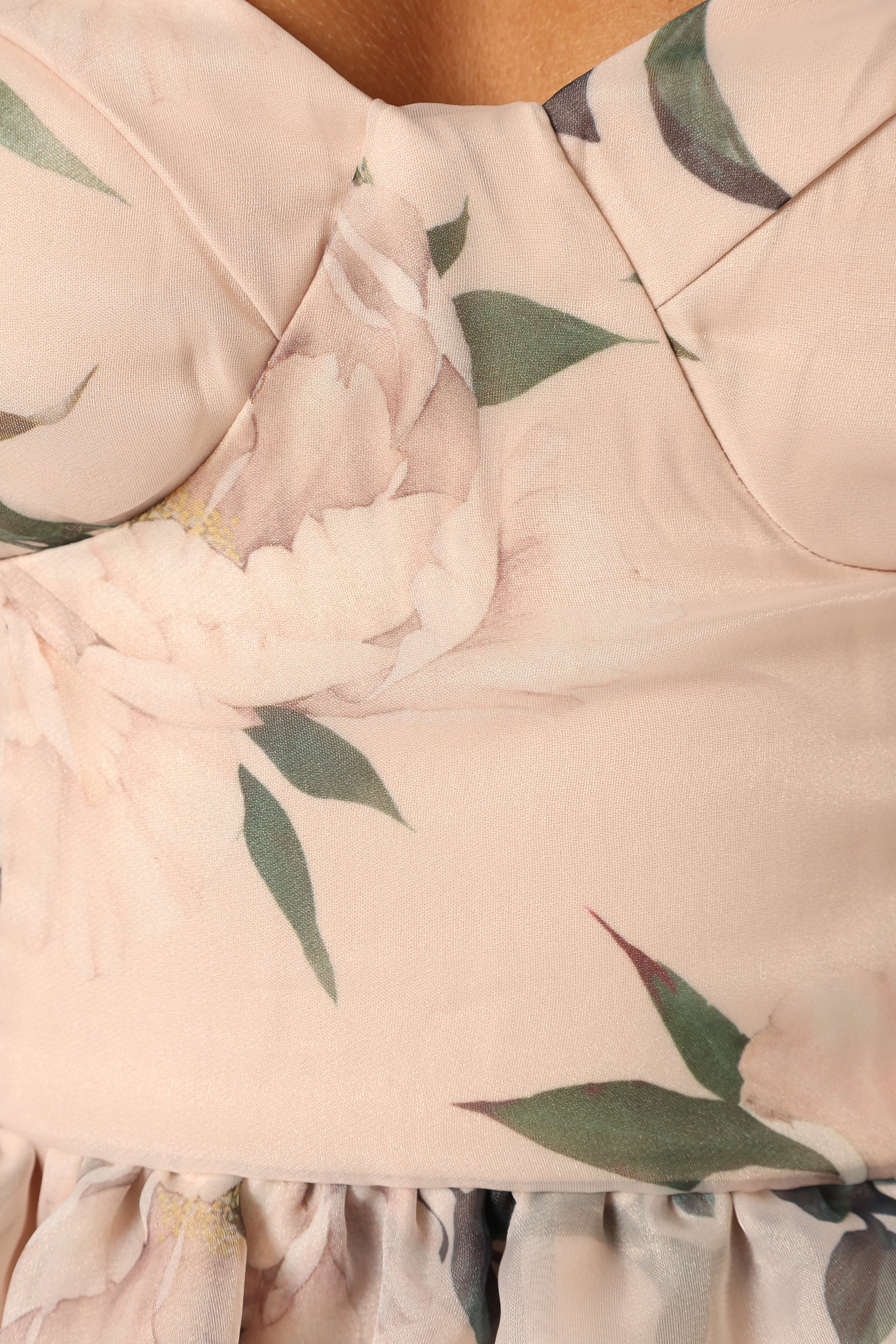 Floral Pink Midi Dress with Sweetheart Neckline & Shirred Back