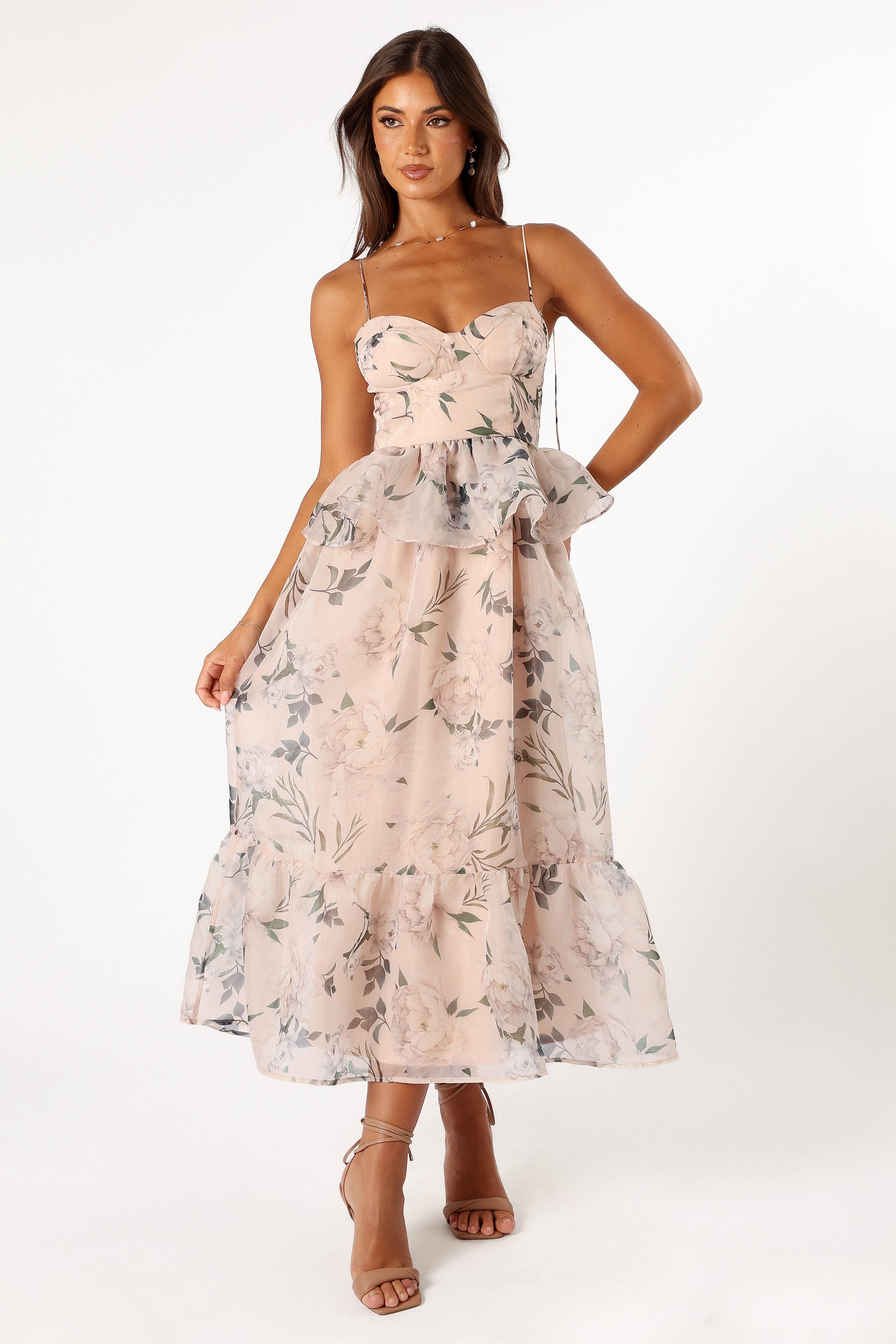 Floral Pink Midi Dress with Sweetheart Neckline & Shirred Back