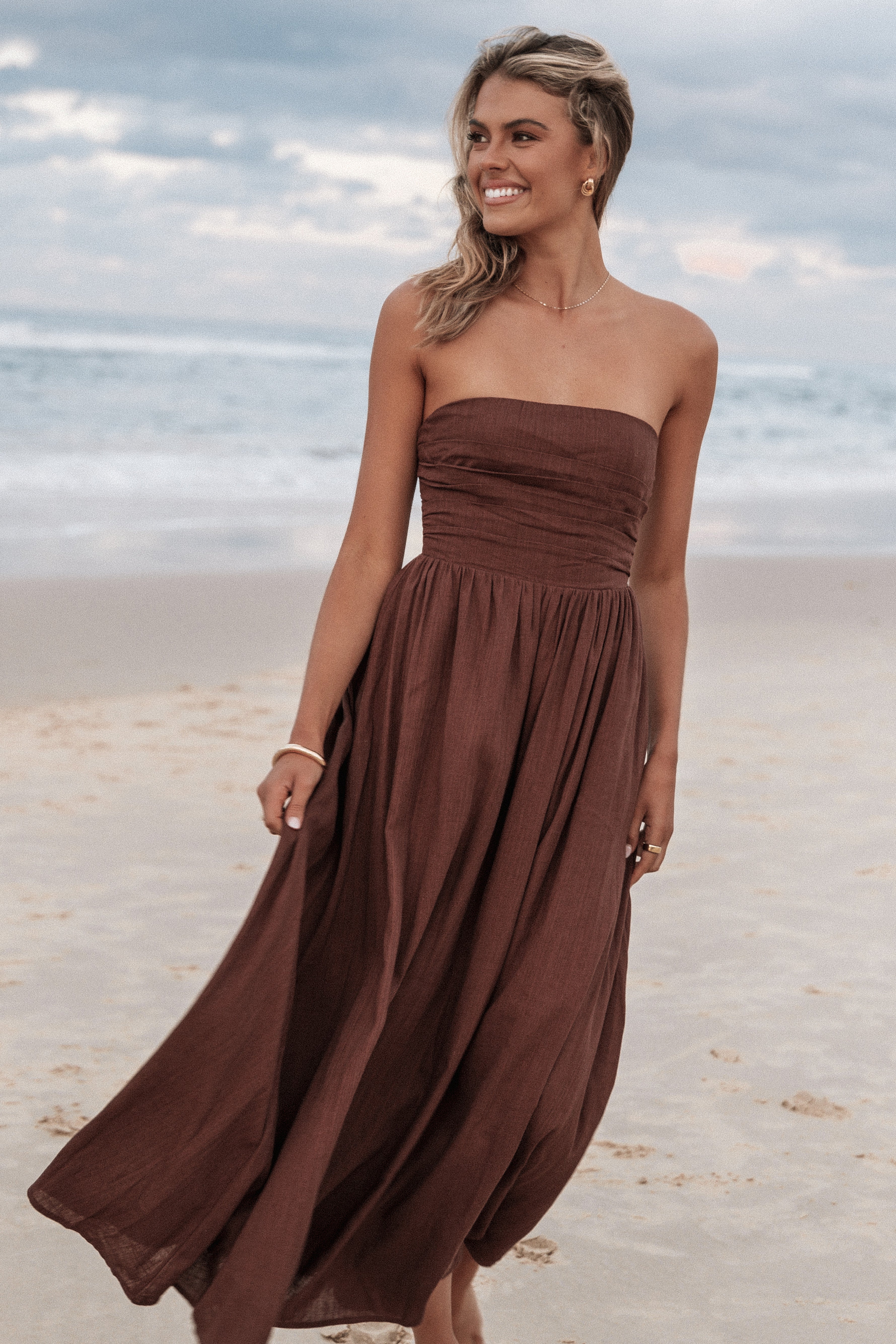 Chocolate Brown Strapless Maxi Dress - Kayt Linen Rayon