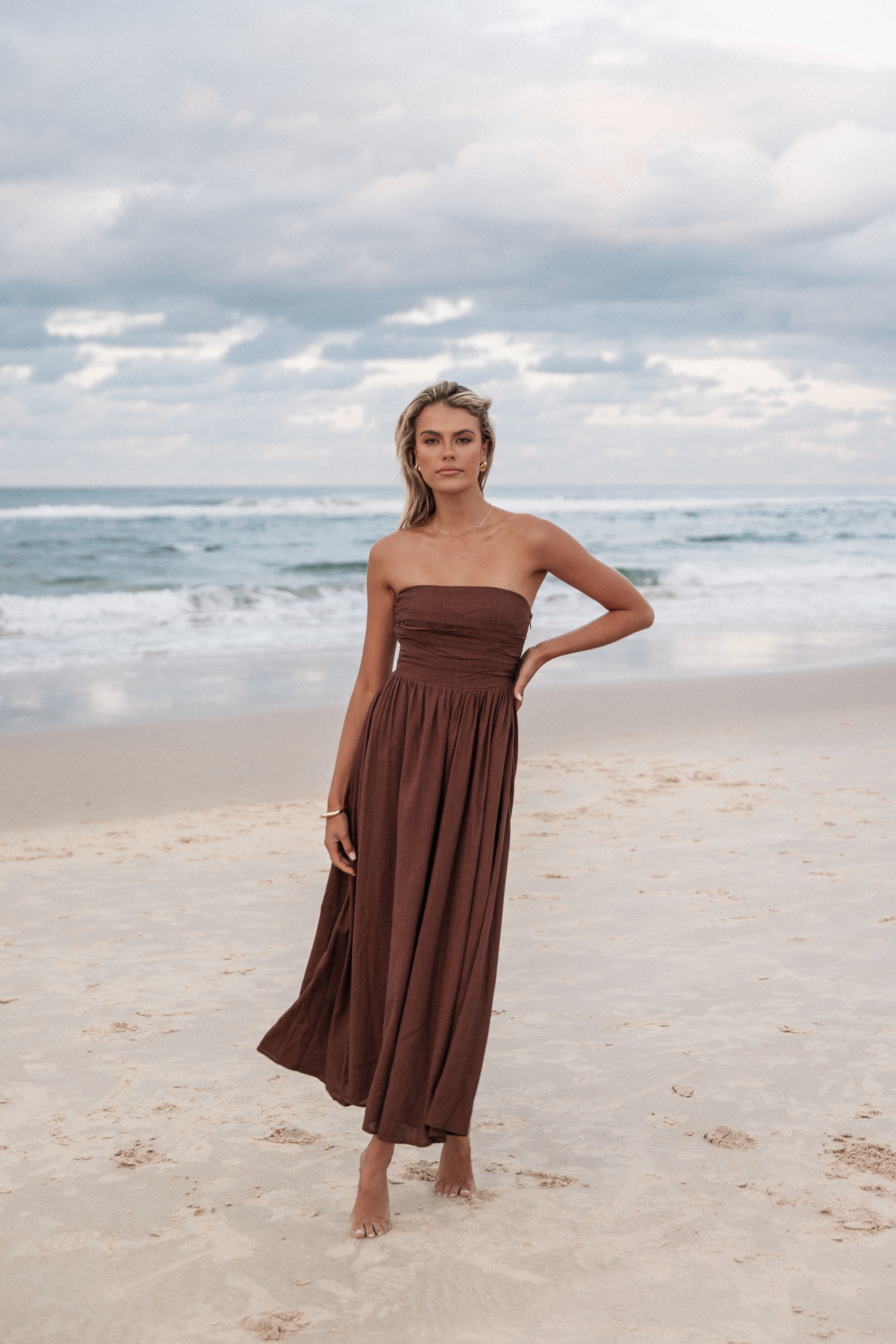 Chocolate Brown Strapless Maxi Dress - Kayt Linen Rayon