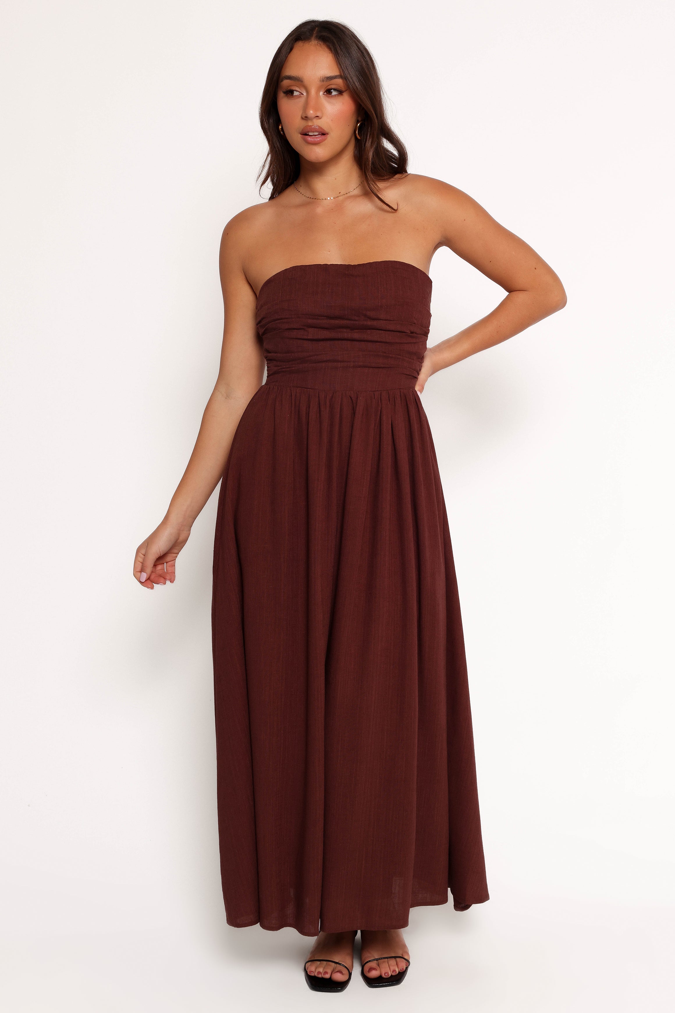 Chocolate Brown Strapless Maxi Dress - Kayt Linen Rayon