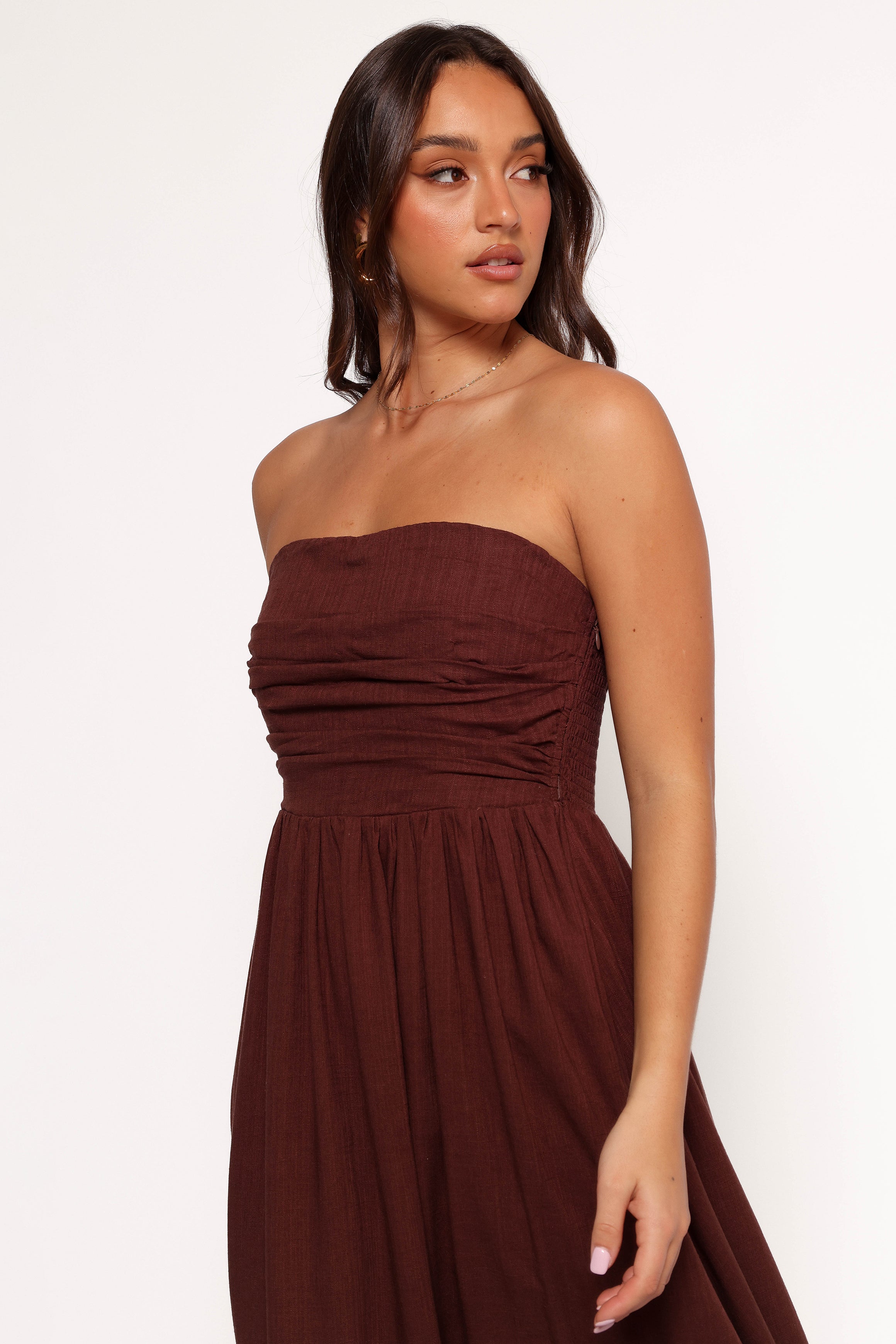 Chocolate Brown Strapless Maxi Dress - Kayt Linen Rayon