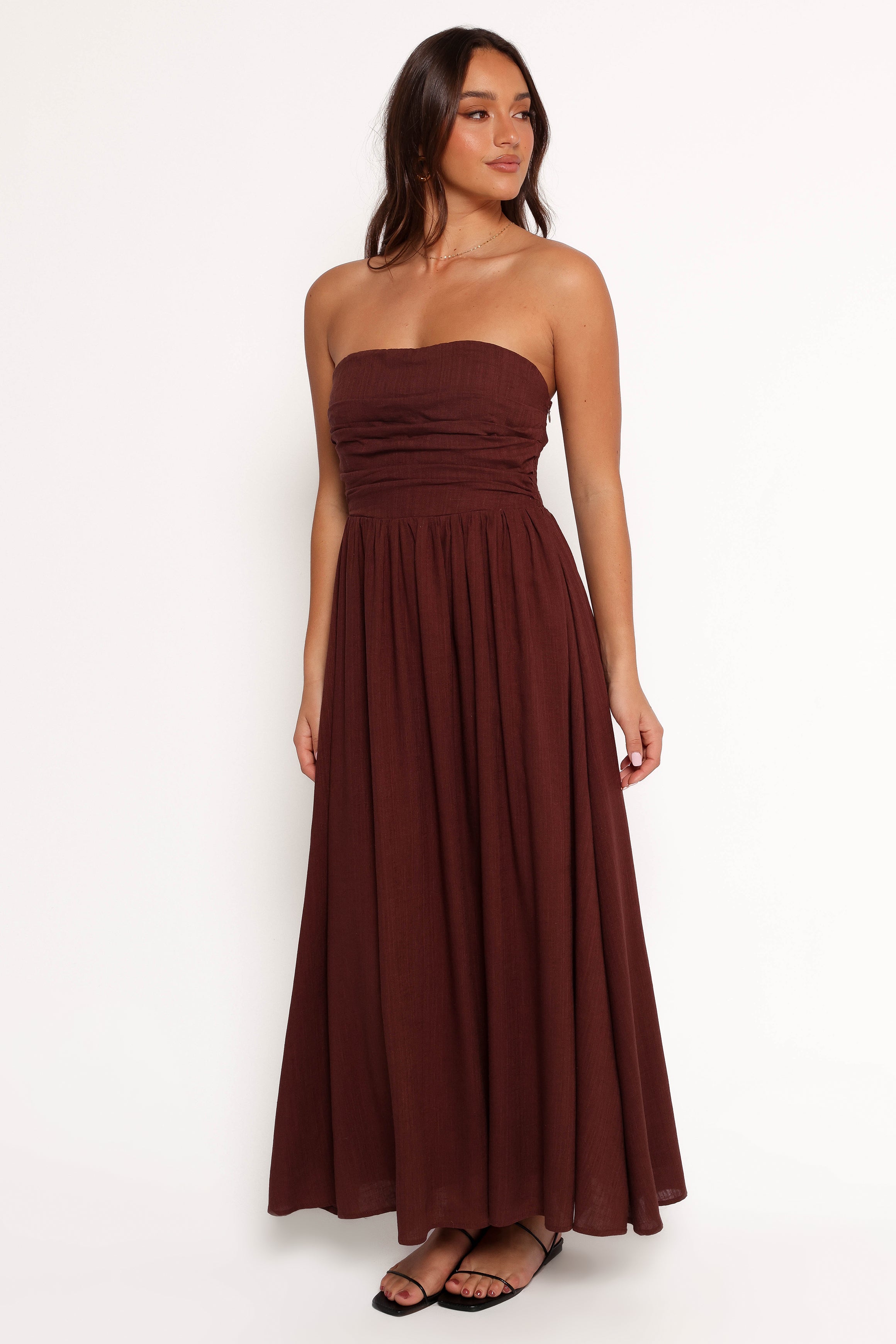 Chocolate Brown Strapless Maxi Dress - Kayt Linen Rayon