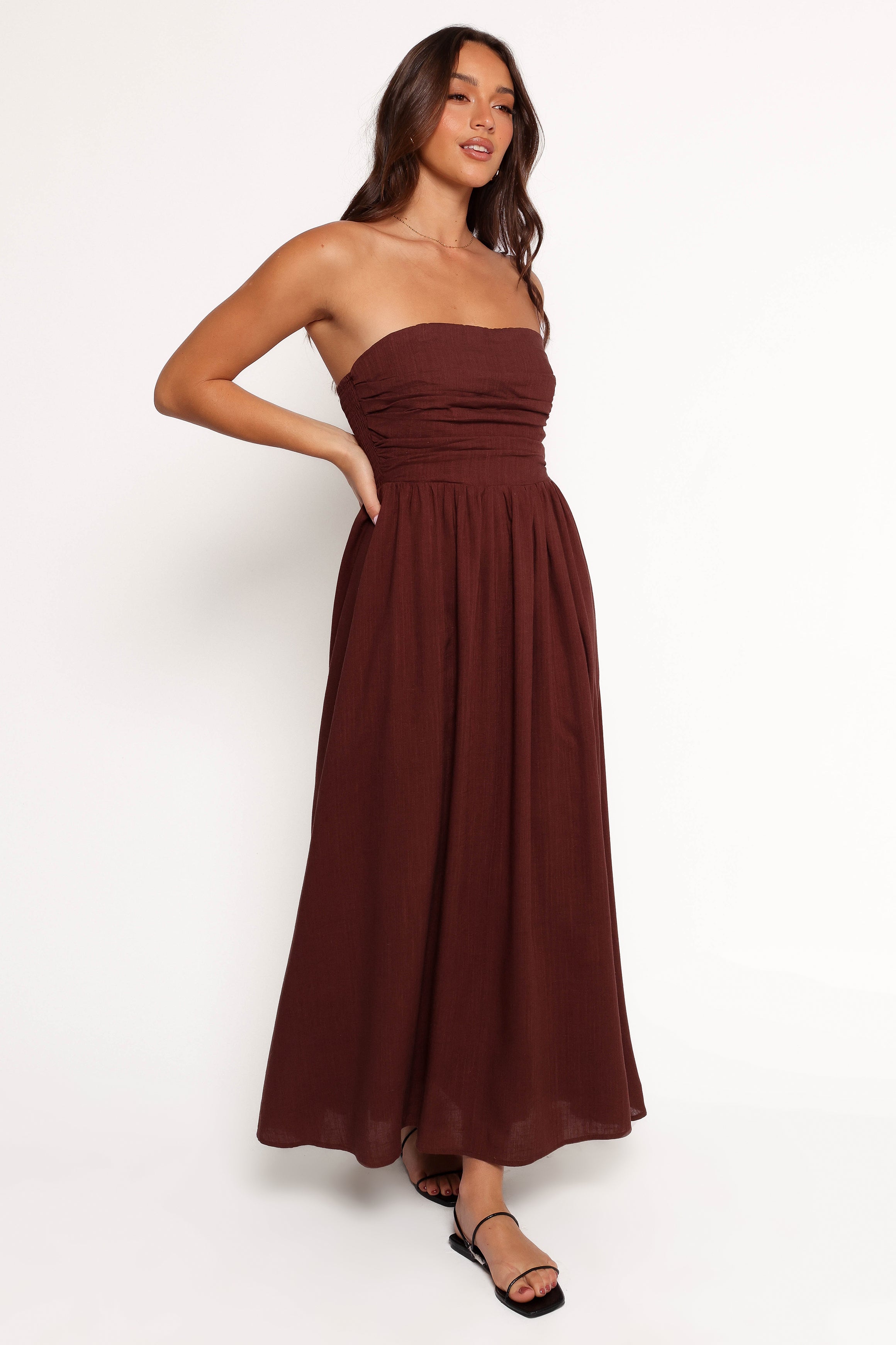 Chocolate Brown Strapless Maxi Dress - Kayt Linen Rayon