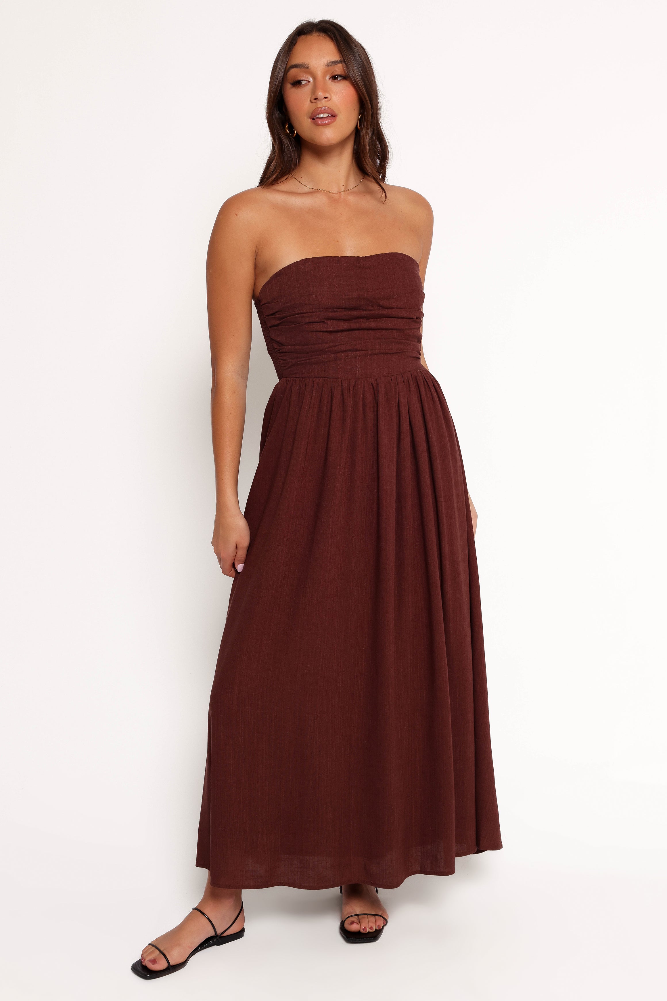 Chocolate Brown Strapless Maxi Dress - Kayt Linen Rayon