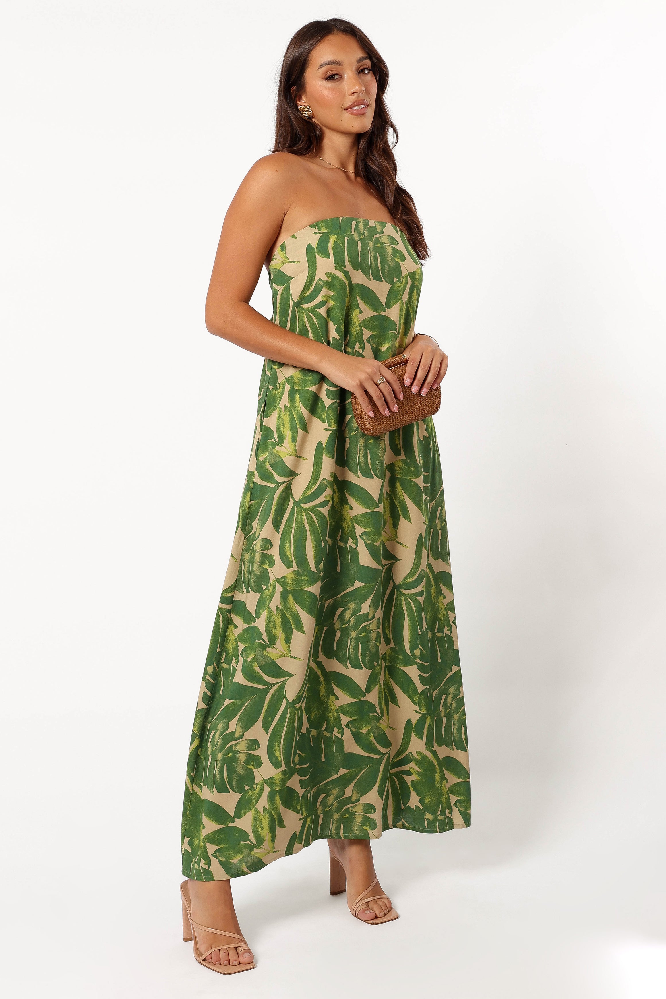 Strapless Floral Midi Dress - Ibiza Palm Green Rayon Linen