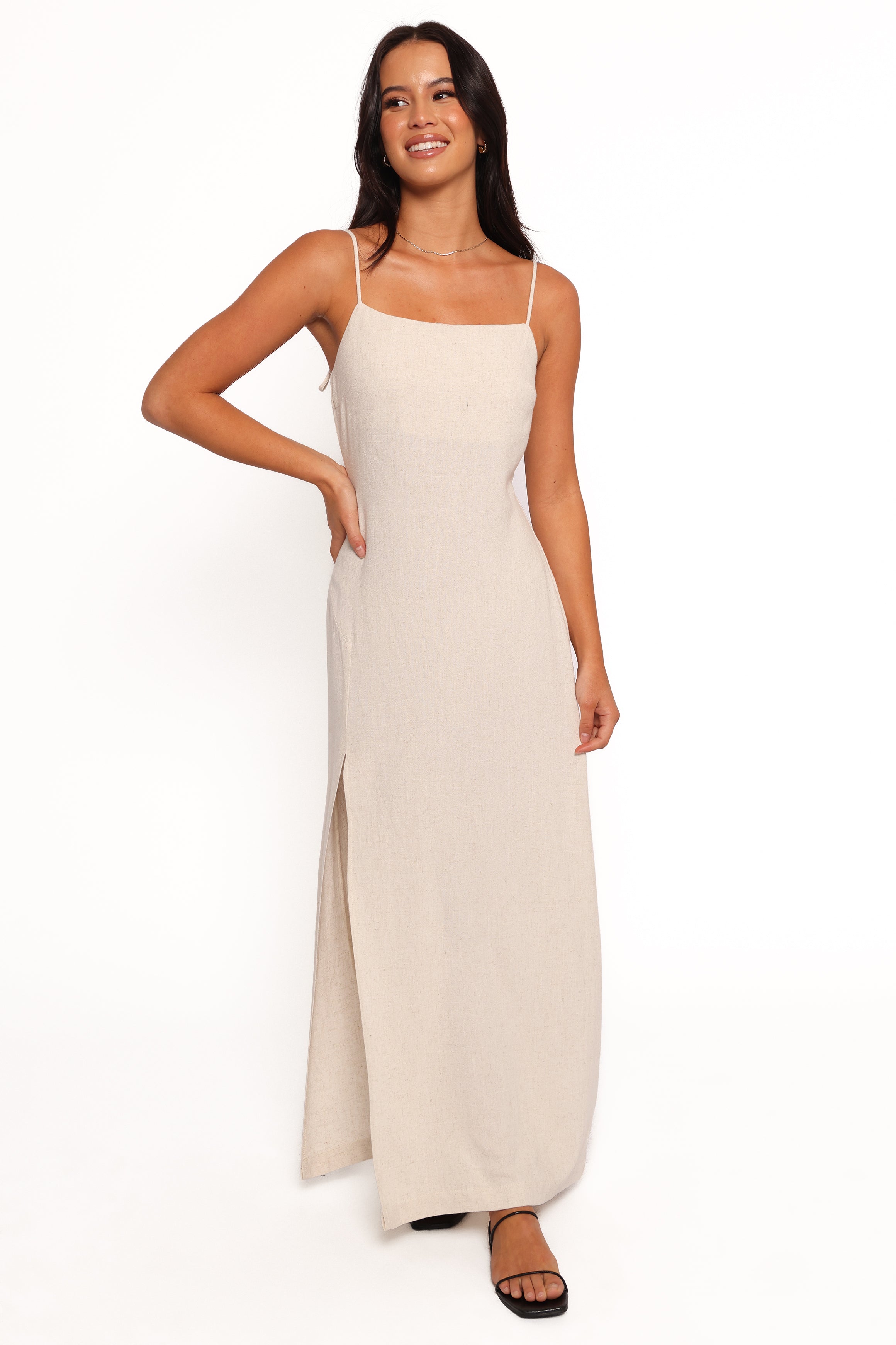 Sawyer Oatmeal Midi Slip Dress with Side Split & Thin Straps
