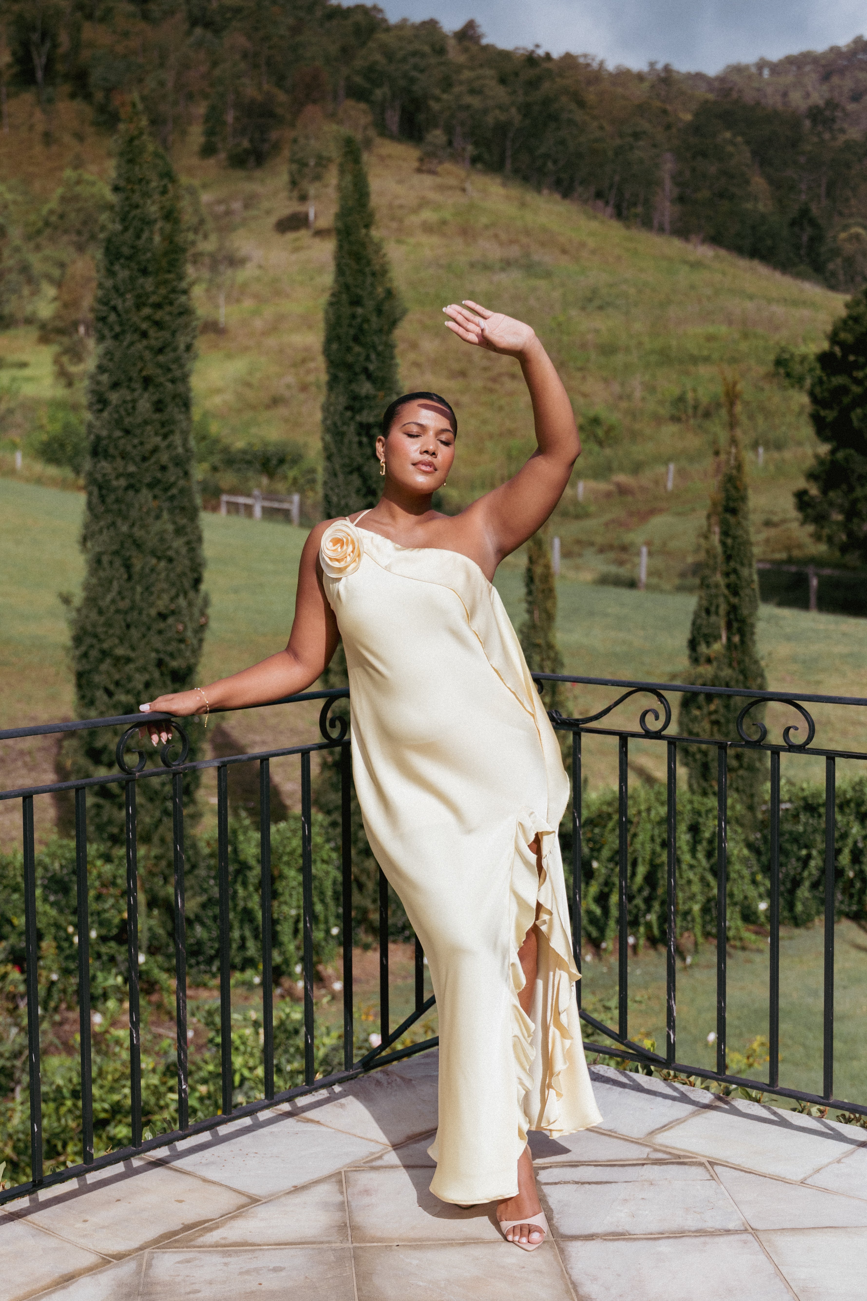 Aila Rosette One Shoulder Maxi Dress in Butter Yellow