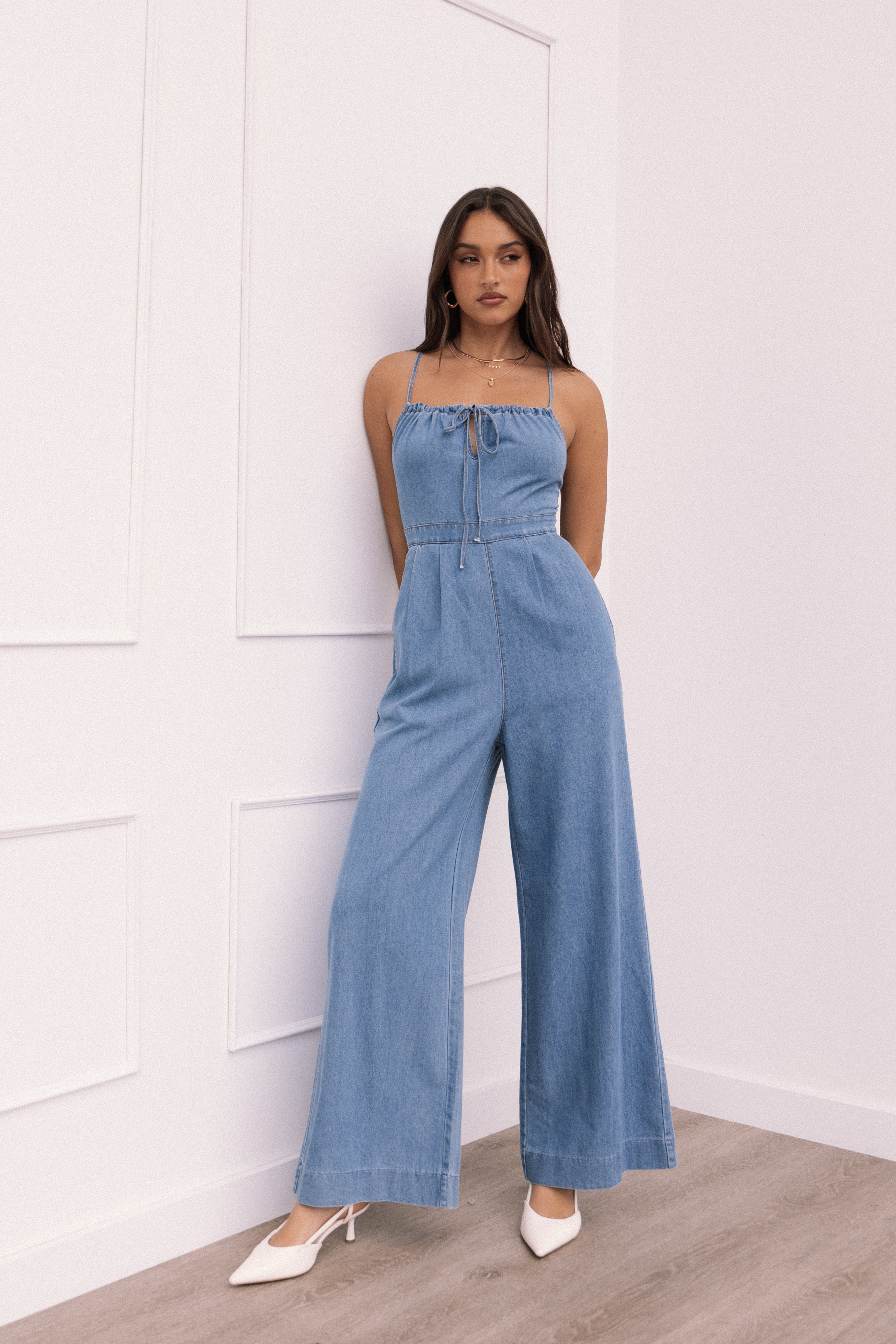 Alliah Denim Wide-Leg Jumpsuit with Adjustable Straps - Medium
