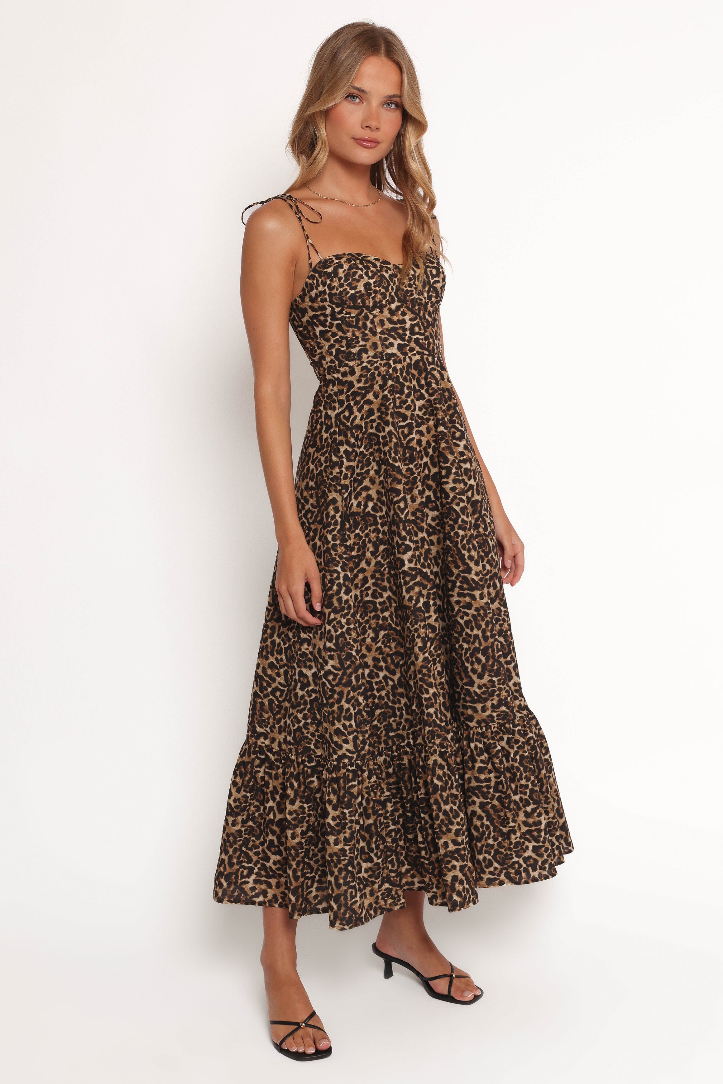 Leopard Print Ayana Midi Dress with Sweetheart Neckline & Adjustable Straps