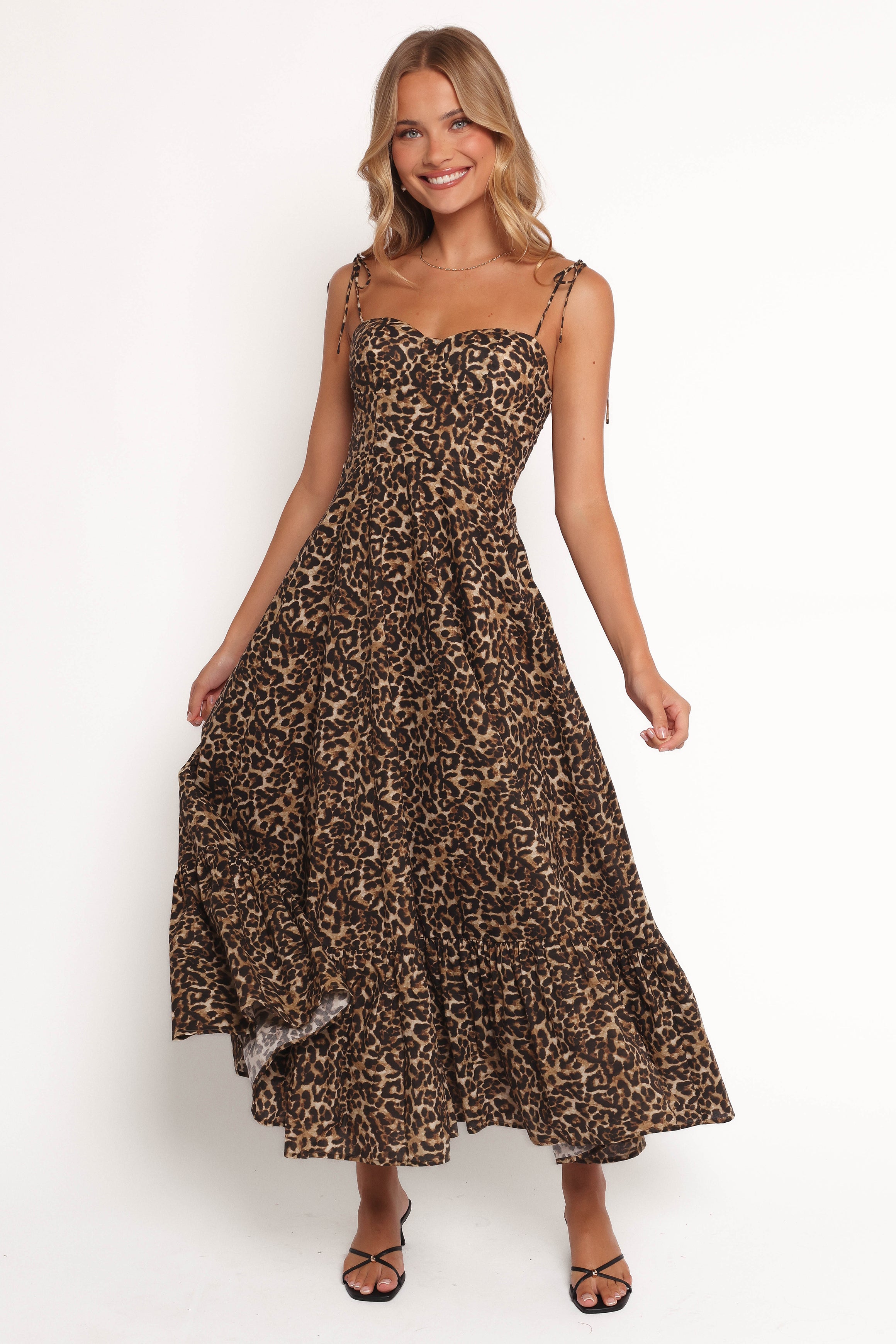 Leopard Print Ayana Midi Dress with Sweetheart Neckline & Adjustable Straps