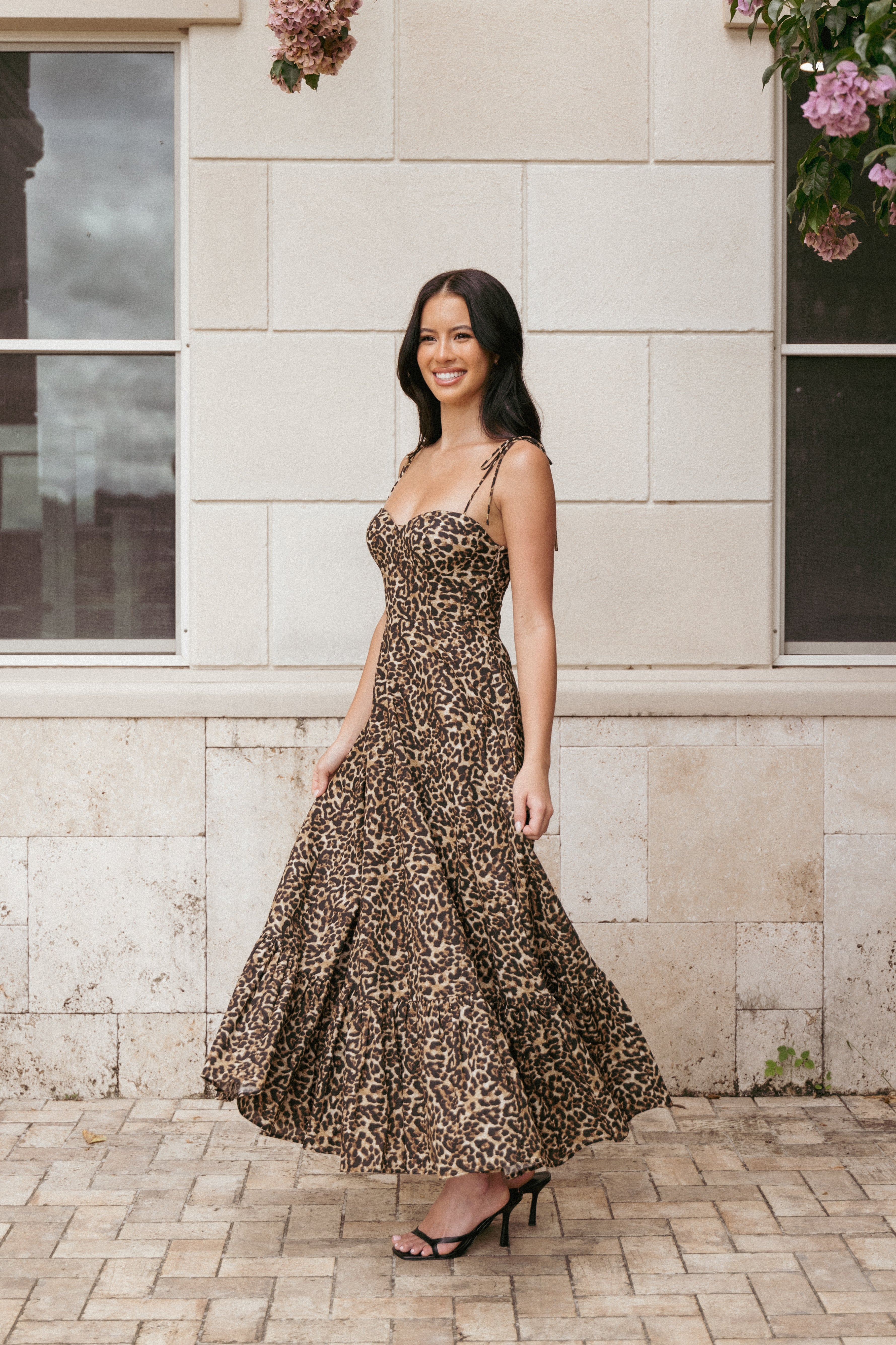 Leopard Print Ayana Midi Dress with Sweetheart Neckline & Adjustable Straps
