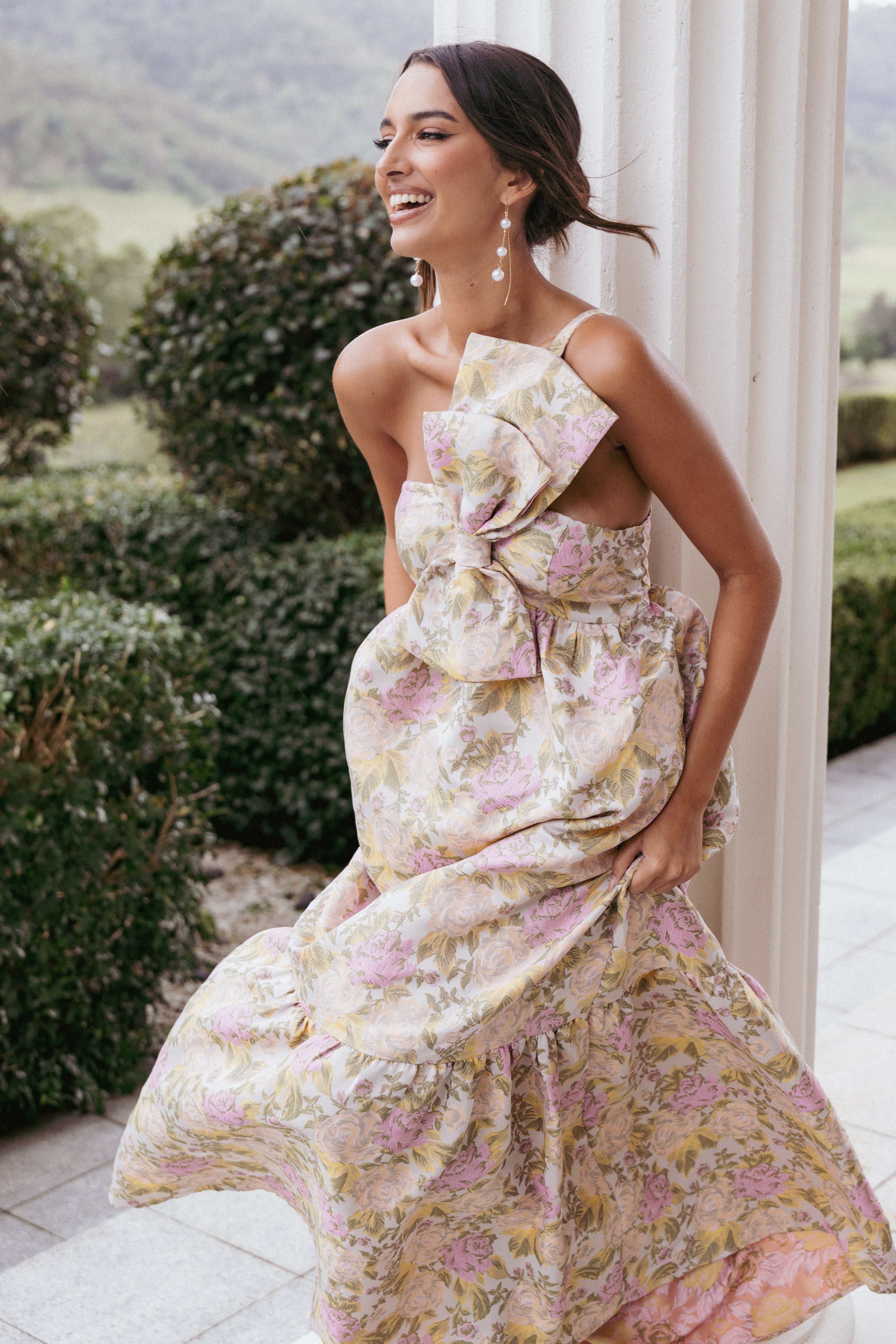 One Shoulder Bow Maxi Dress with Pockets - Floral Print