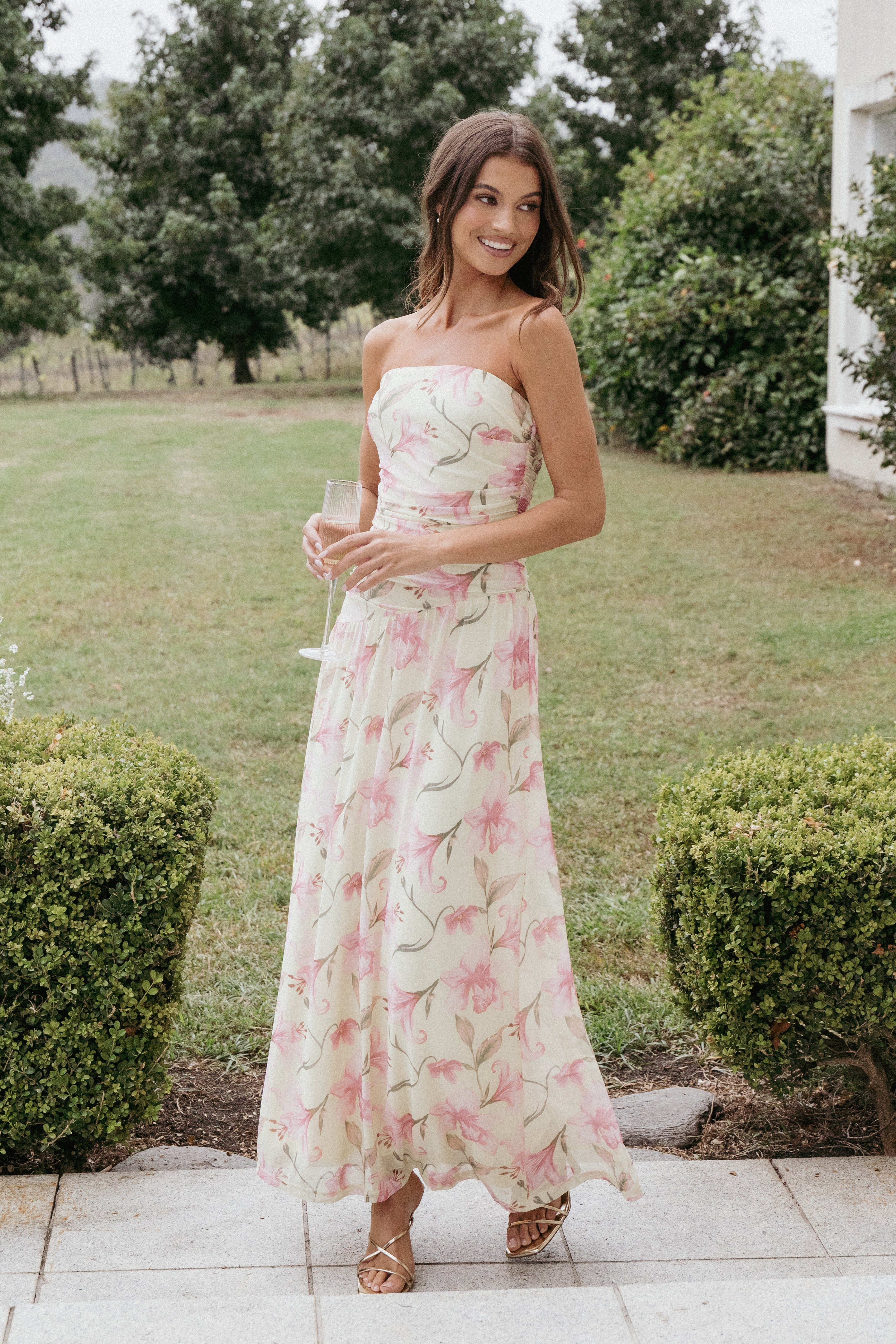 Yellow Floral Strapless Maxi Dress with Bust Grip - Calypso