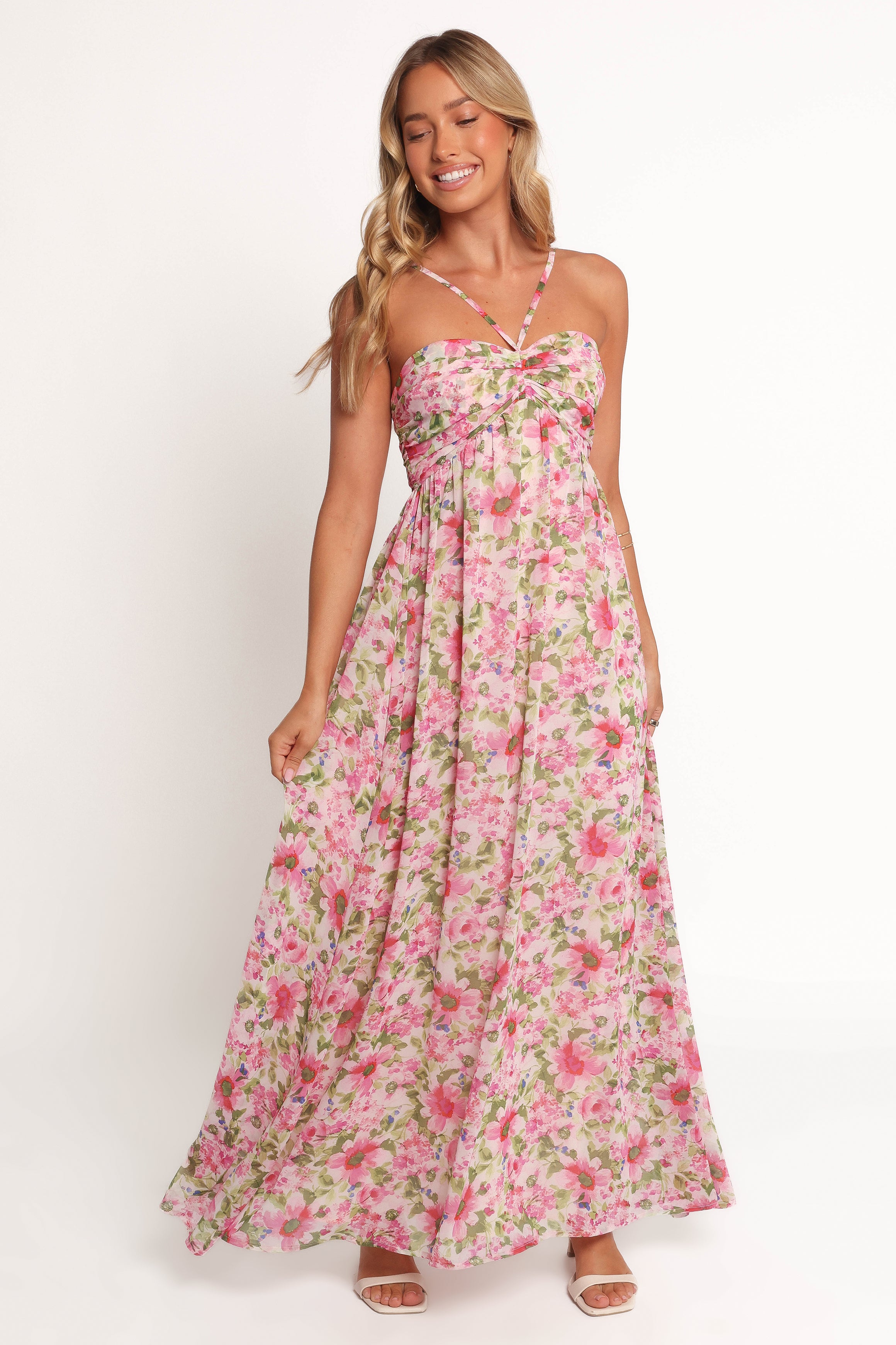 Carmine Rose Halterneck Maxi Dress with Floral Print