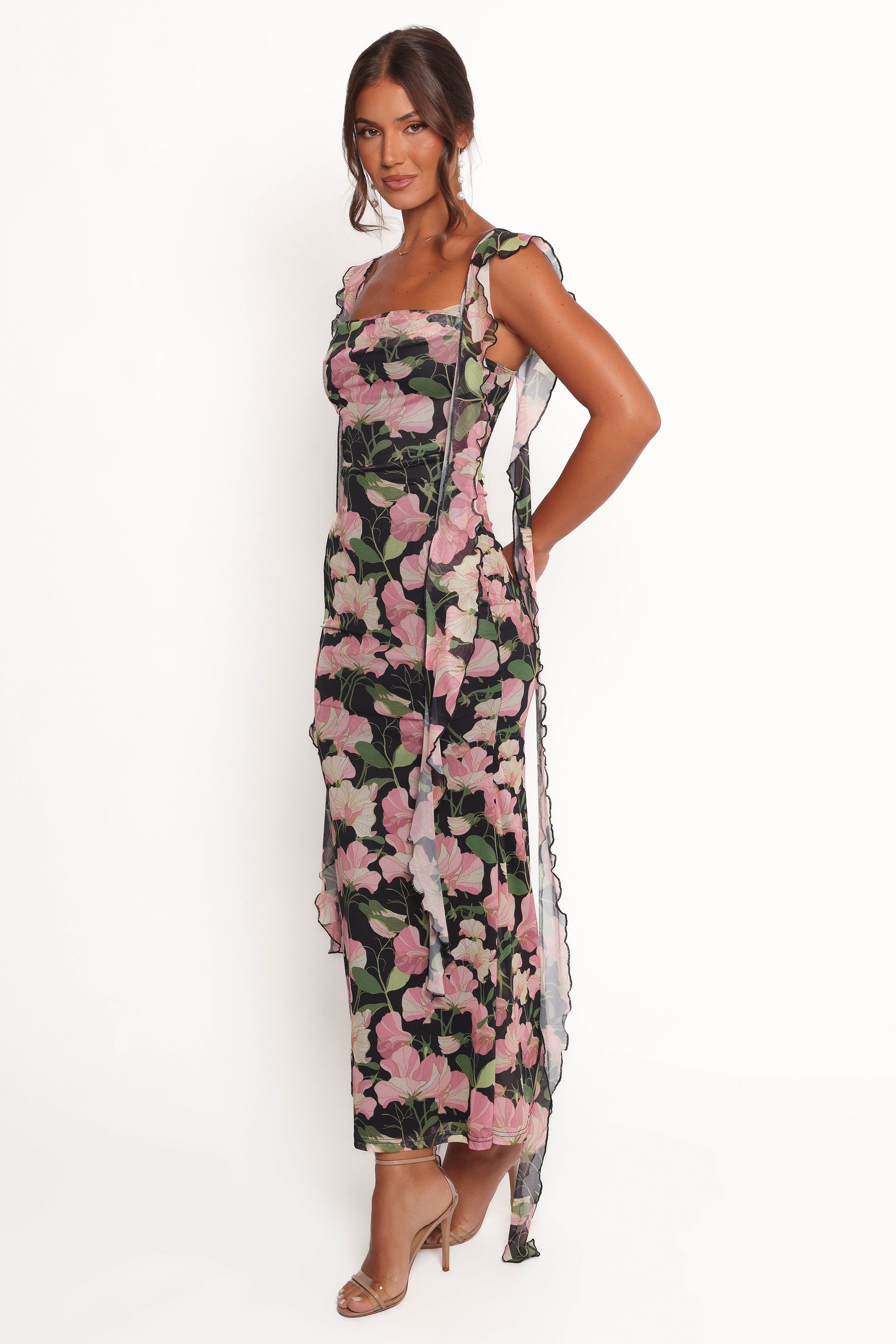 Chiara Floral Maxi Dress with Cowl Neck & Ruffle Straps