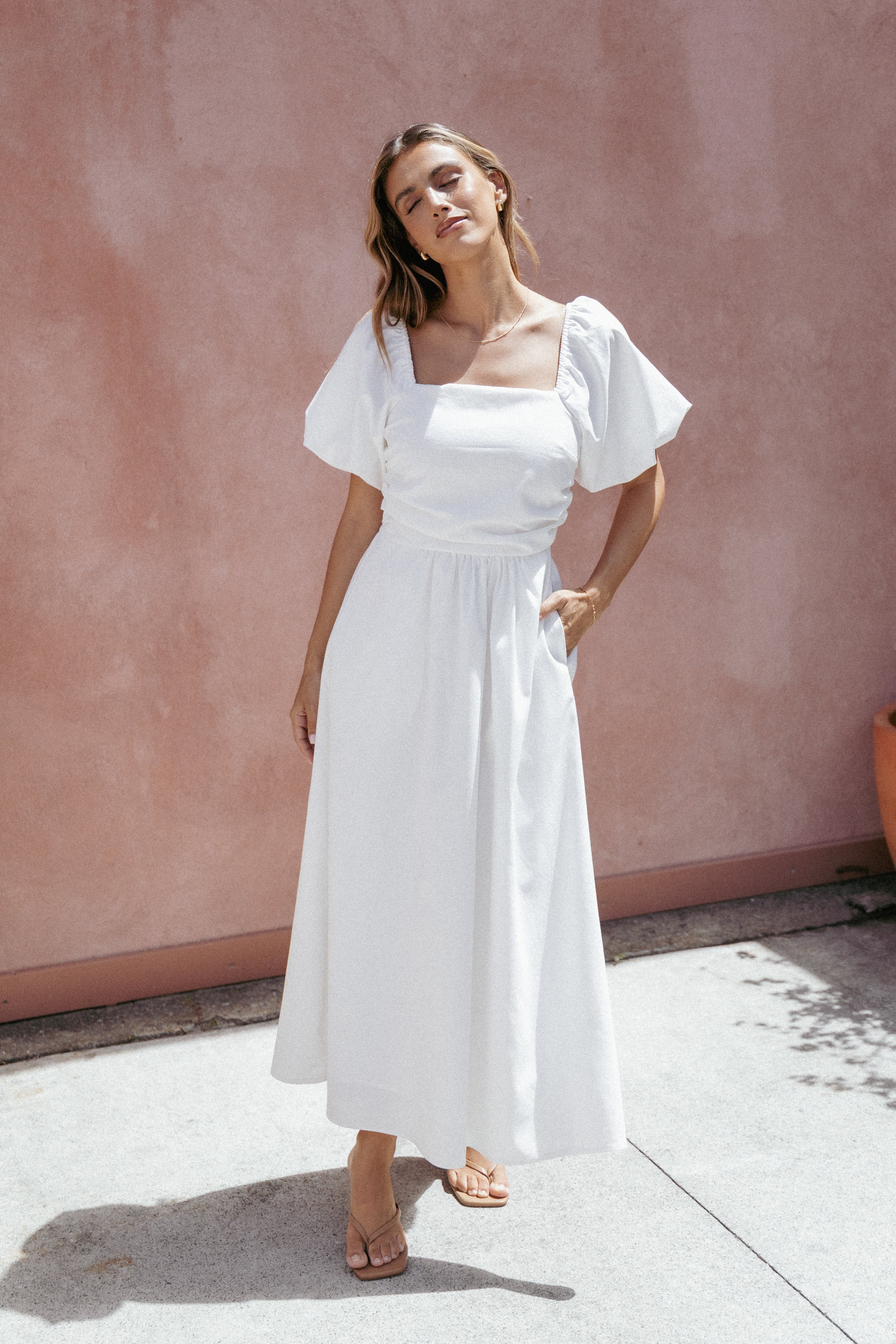 White Puff Sleeve Midi Dress with Square Neckline & Pockets - Clo