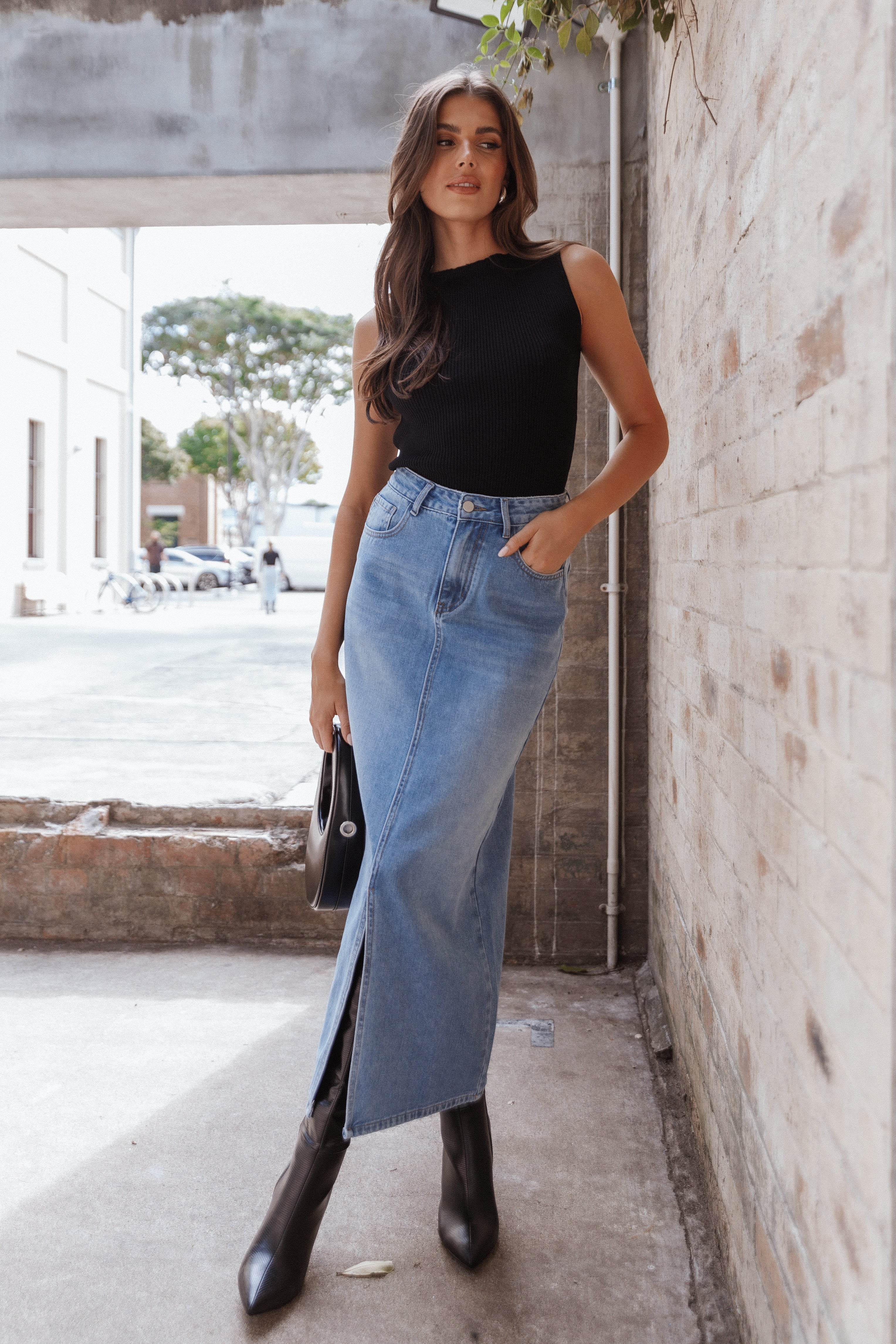 Dana Blue Denim Midi Skirt with Front Zip & Pockets