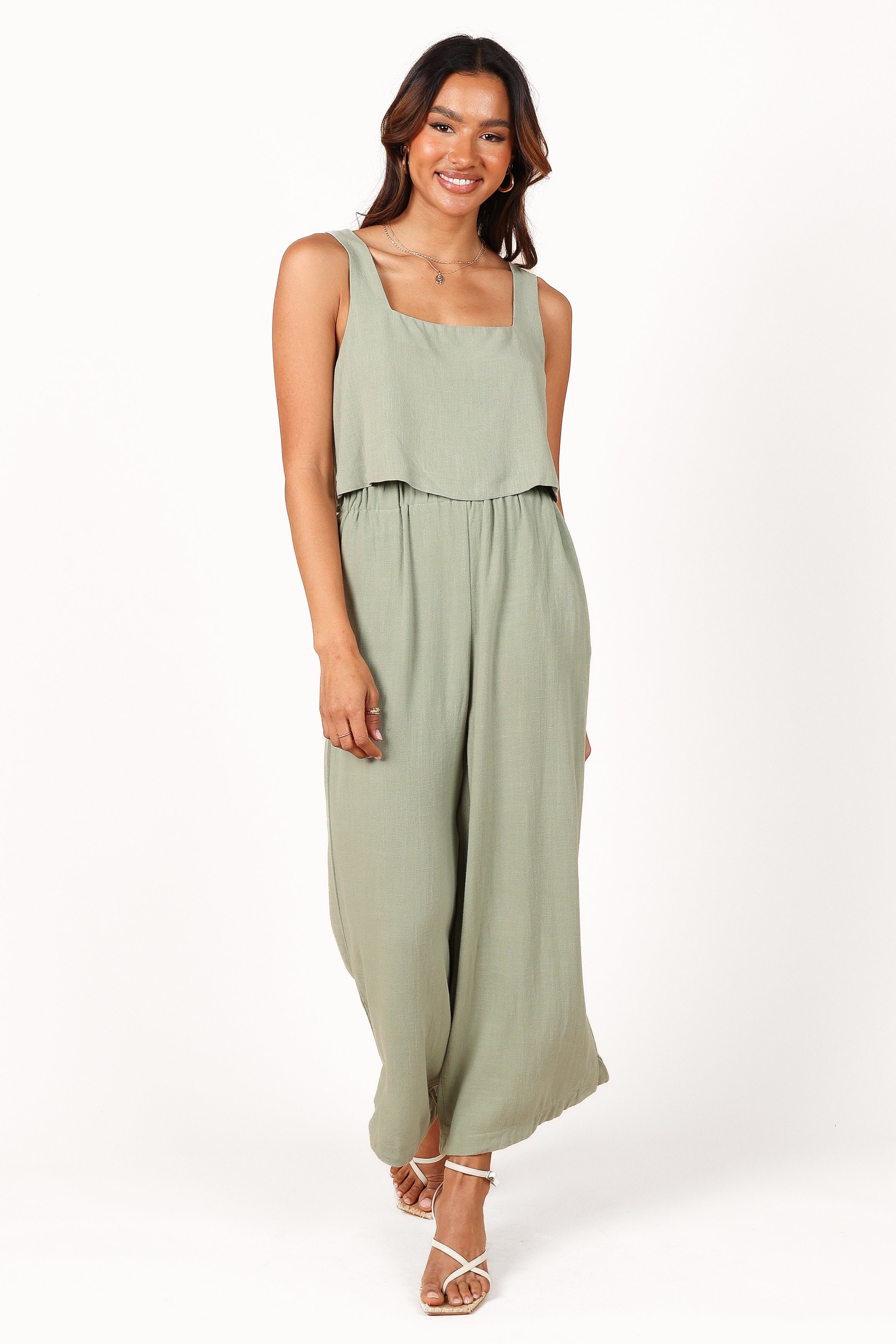 Eleanor Linen Cropped Top - Green Square Neck Summer Blouse