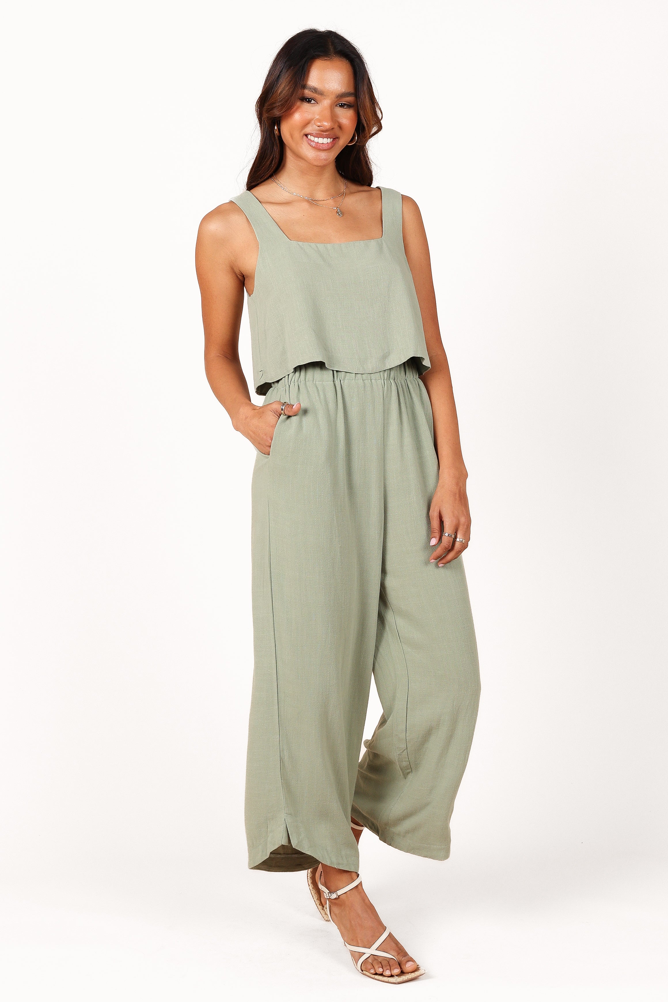 Eleanor Linen Cropped Top - Green Square Neck Summer Blouse