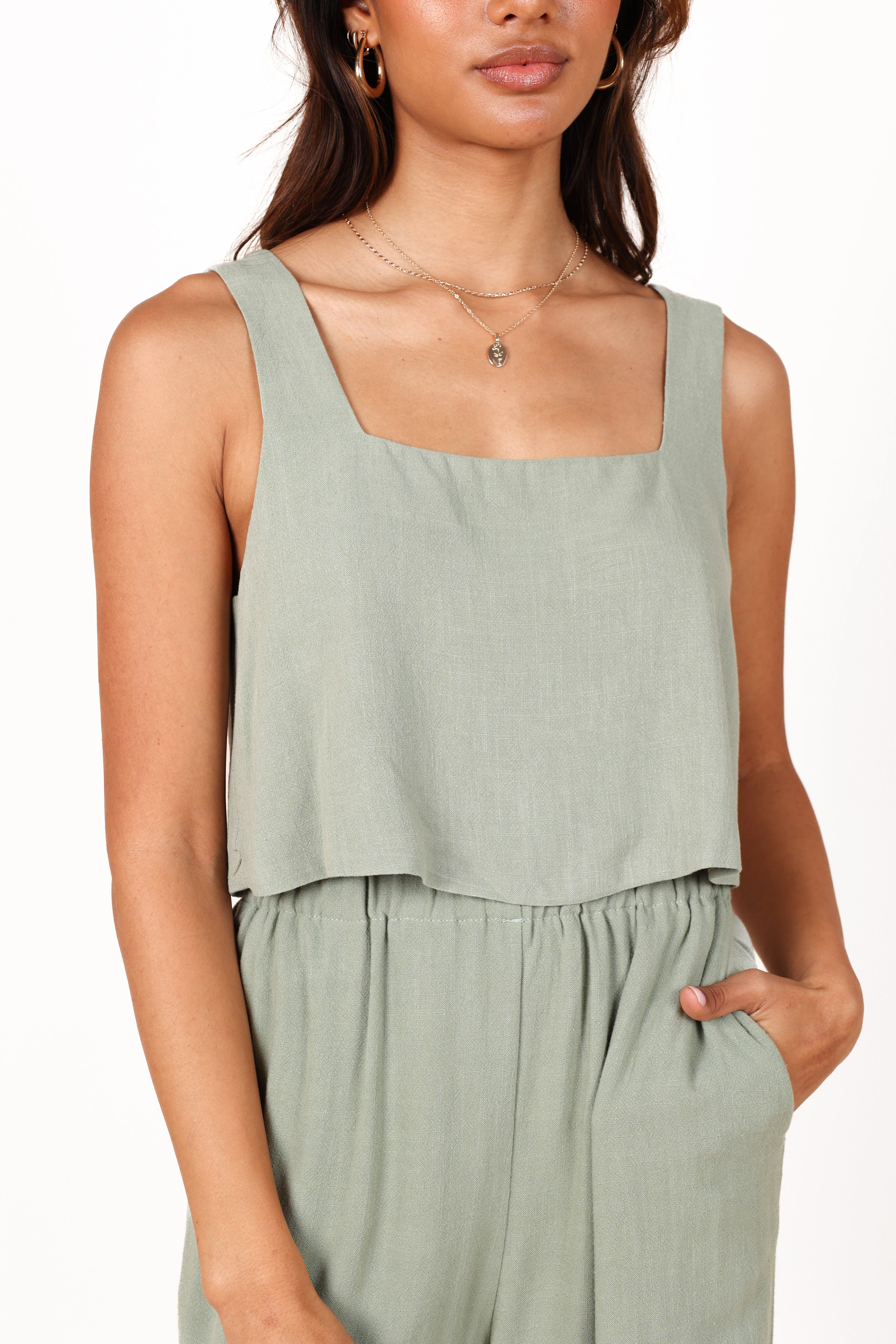 Eleanor Linen Cropped Top - Green Square Neck Summer Blouse
