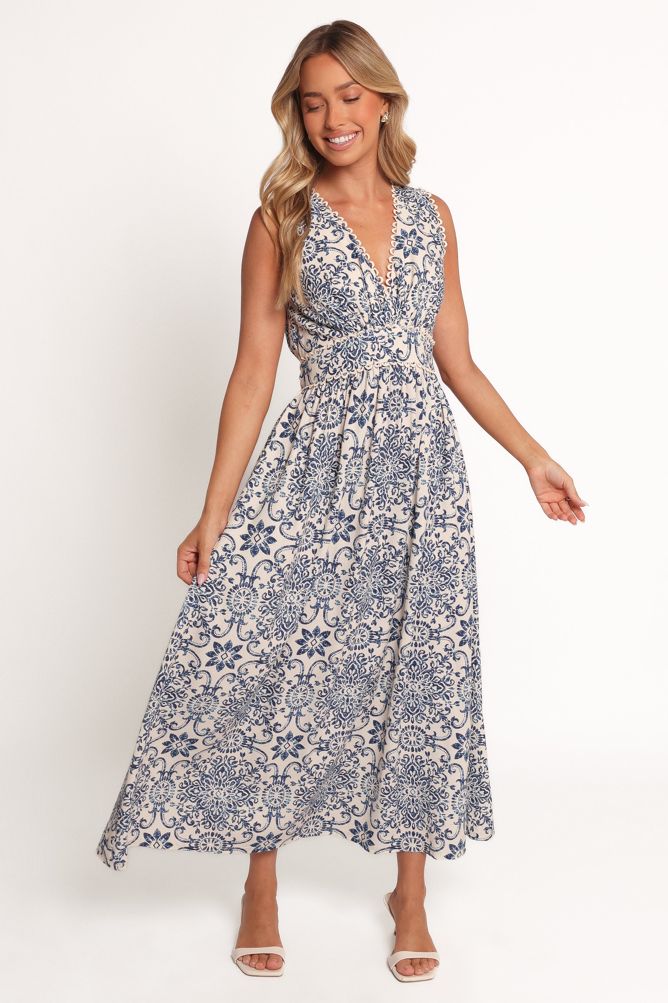 Elysia Floral Midi Dress with Empire Waist & V-Neck