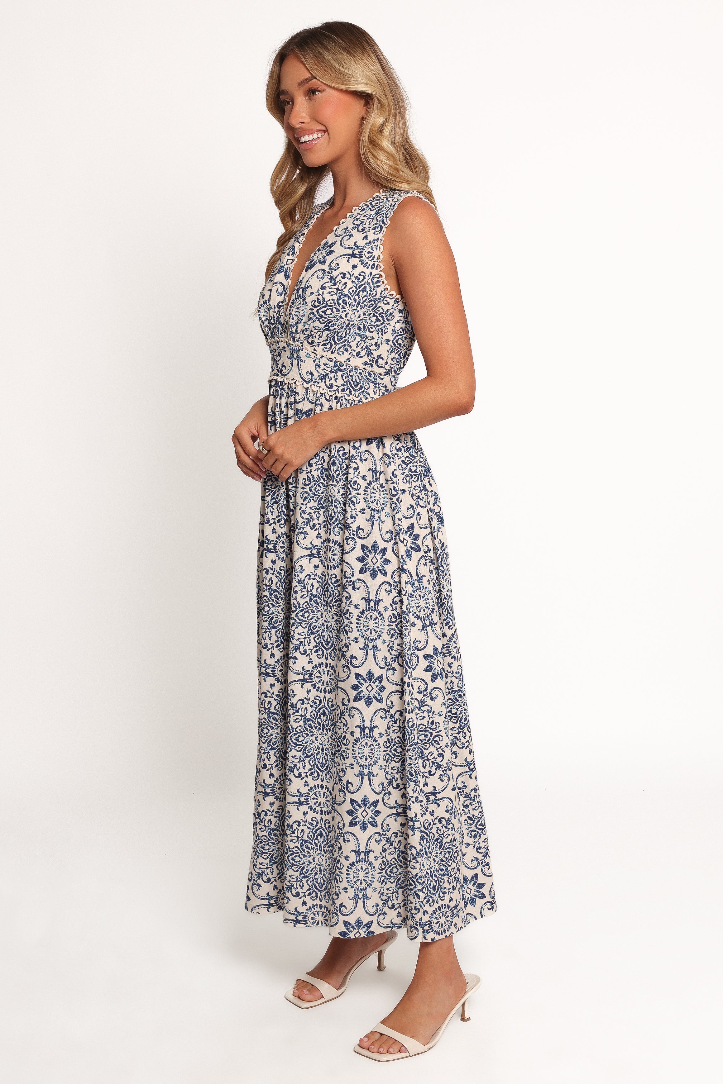 Elysia Floral Midi Dress with Empire Waist & V-Neck