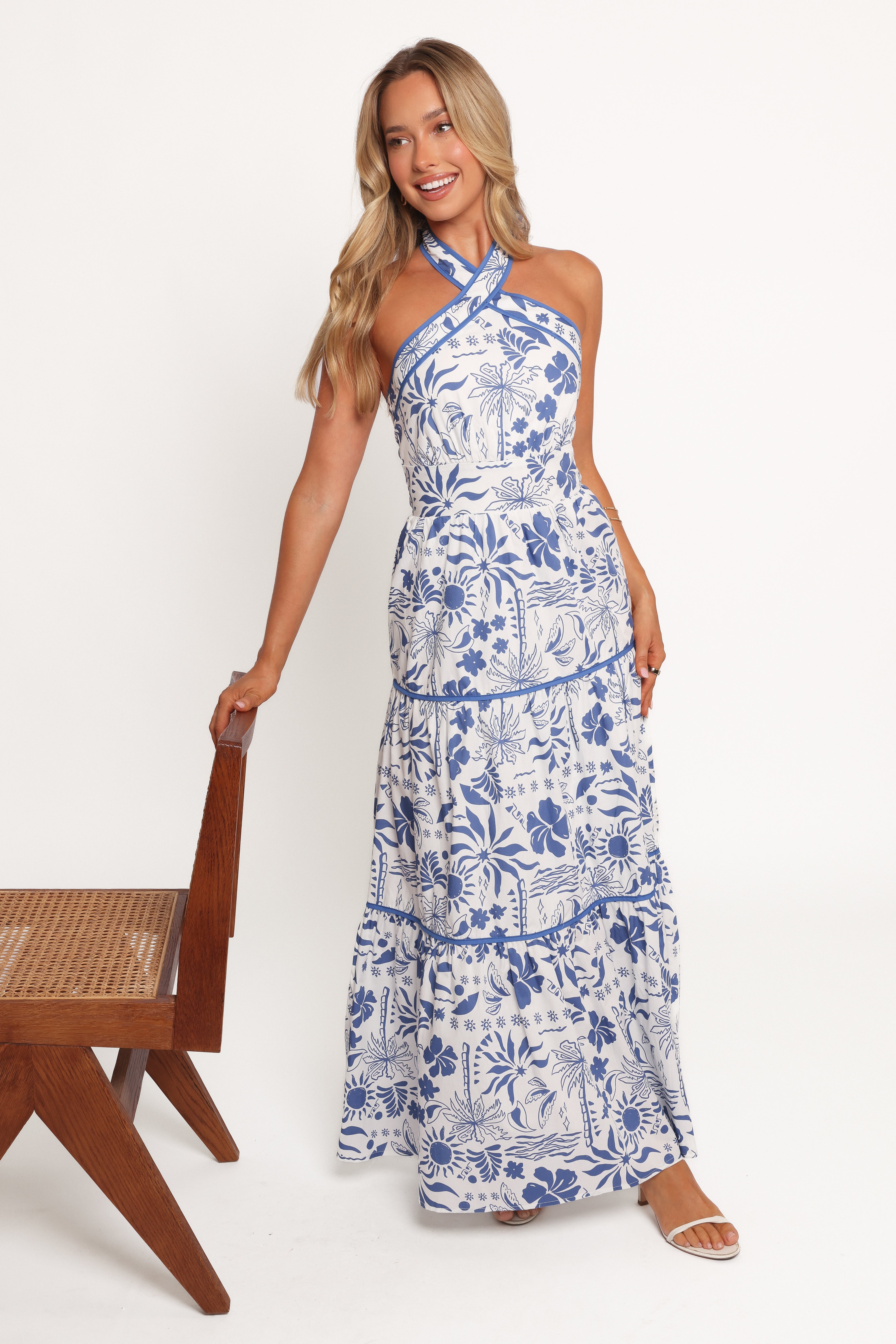 Fernanda Tropical Print Halterneck Maxi Dress - Blue