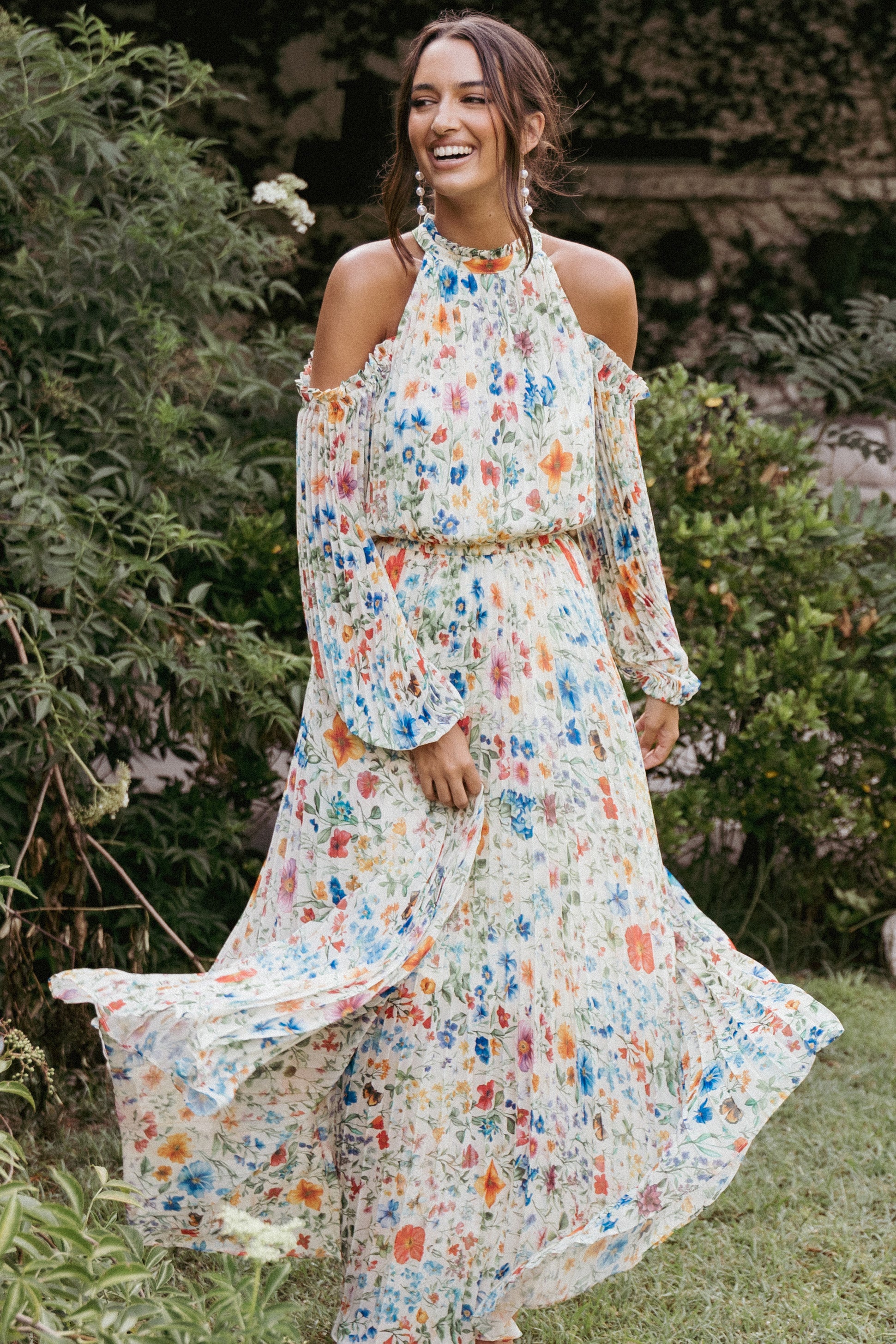 Floral Pleated Maxi Dress with Off-Shoulder Design