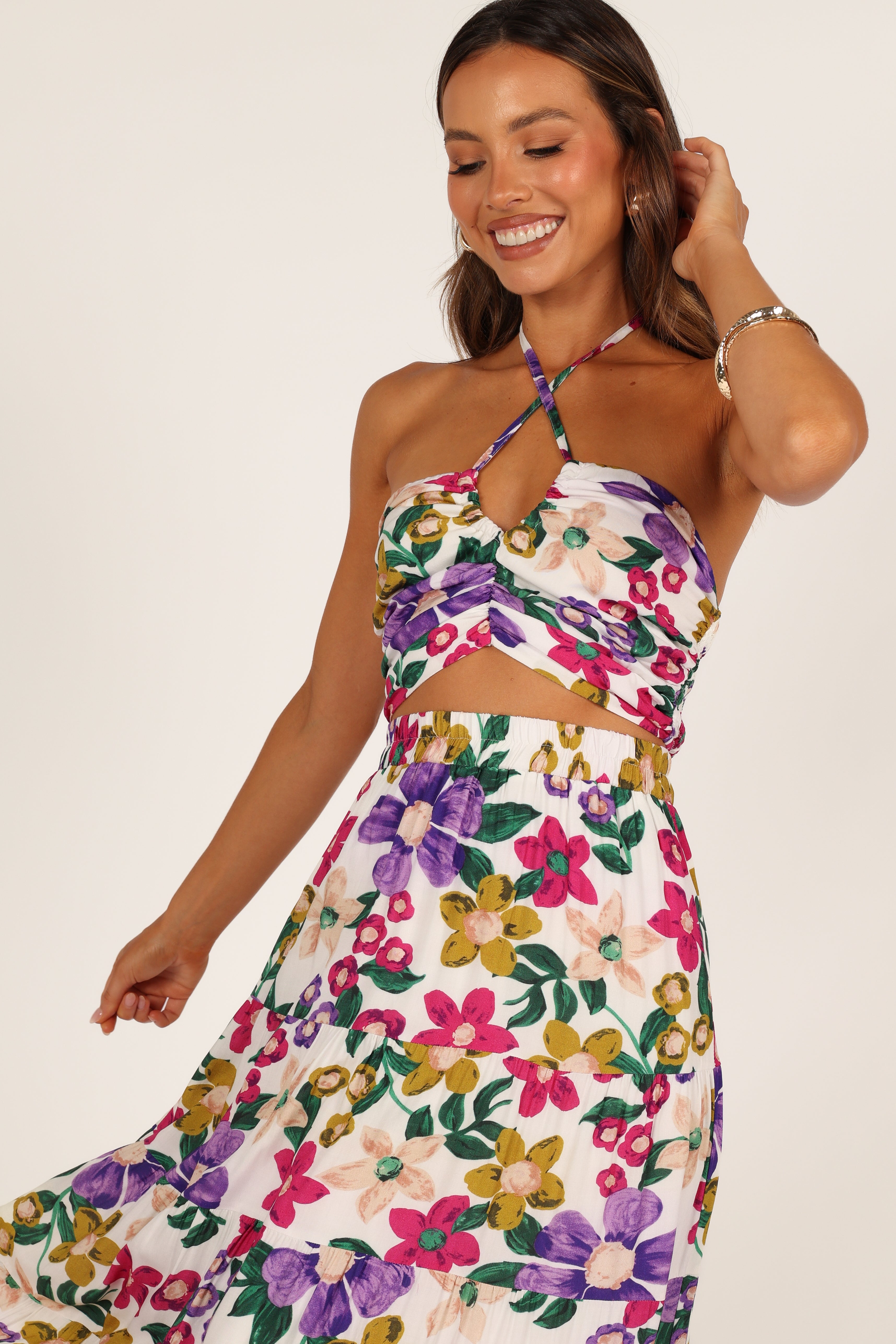 Floral Halter Top & Maxi Skirt Set - Kari - 100% Rayon