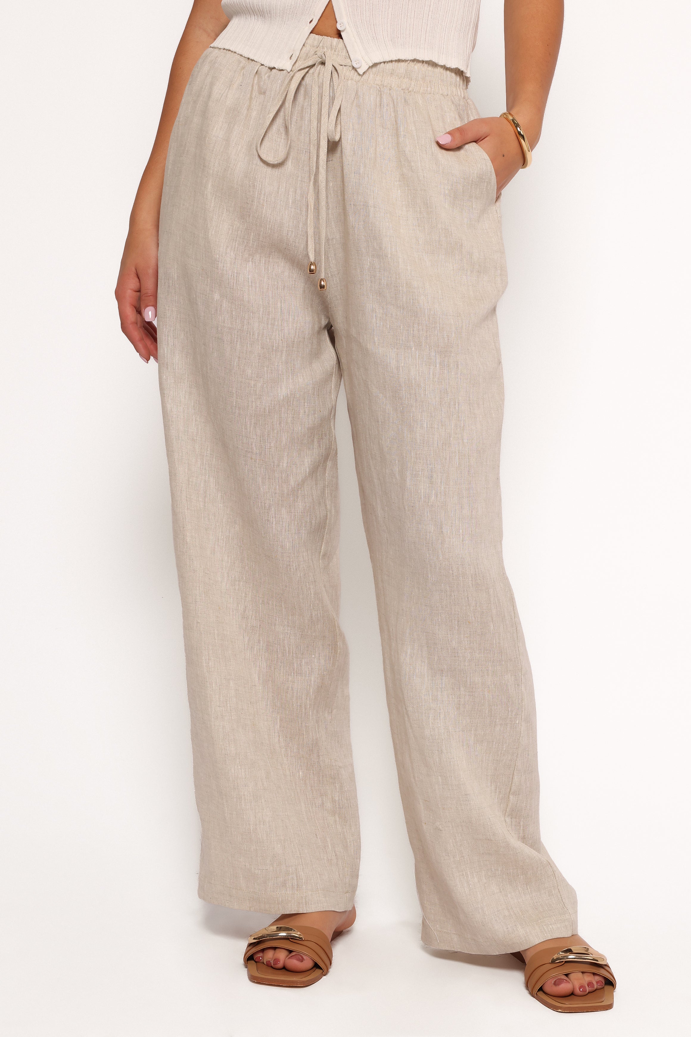 Linen High-Waisted Wide-Leg Pants with Drawstring - Beige