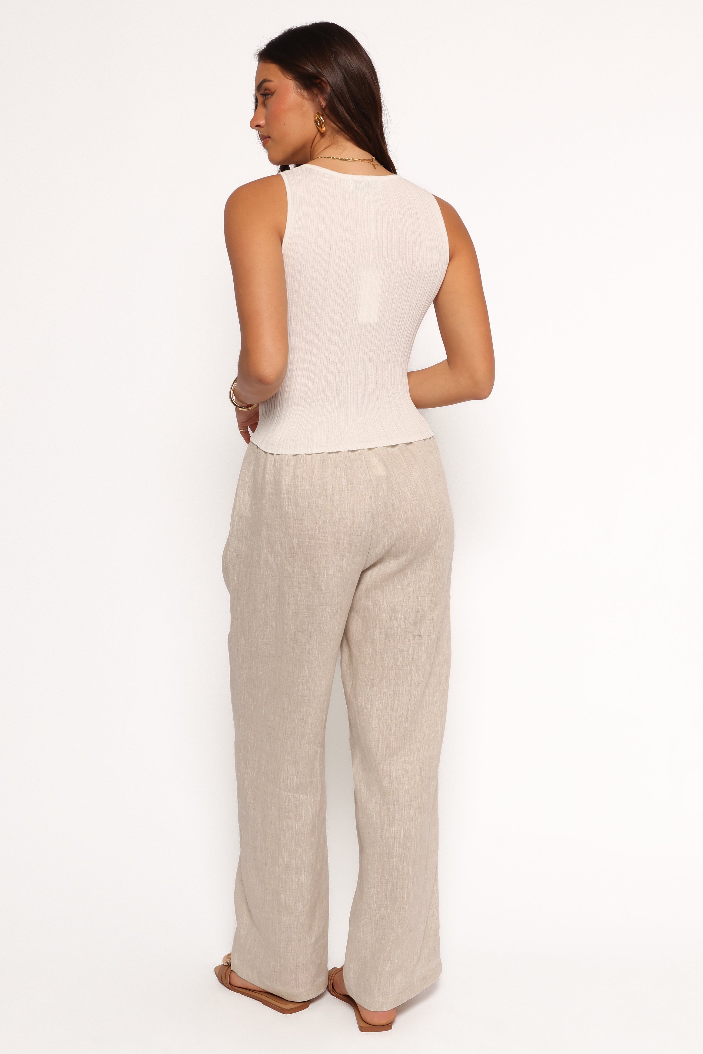 Linen High-Waisted Wide-Leg Pants with Drawstring - Beige