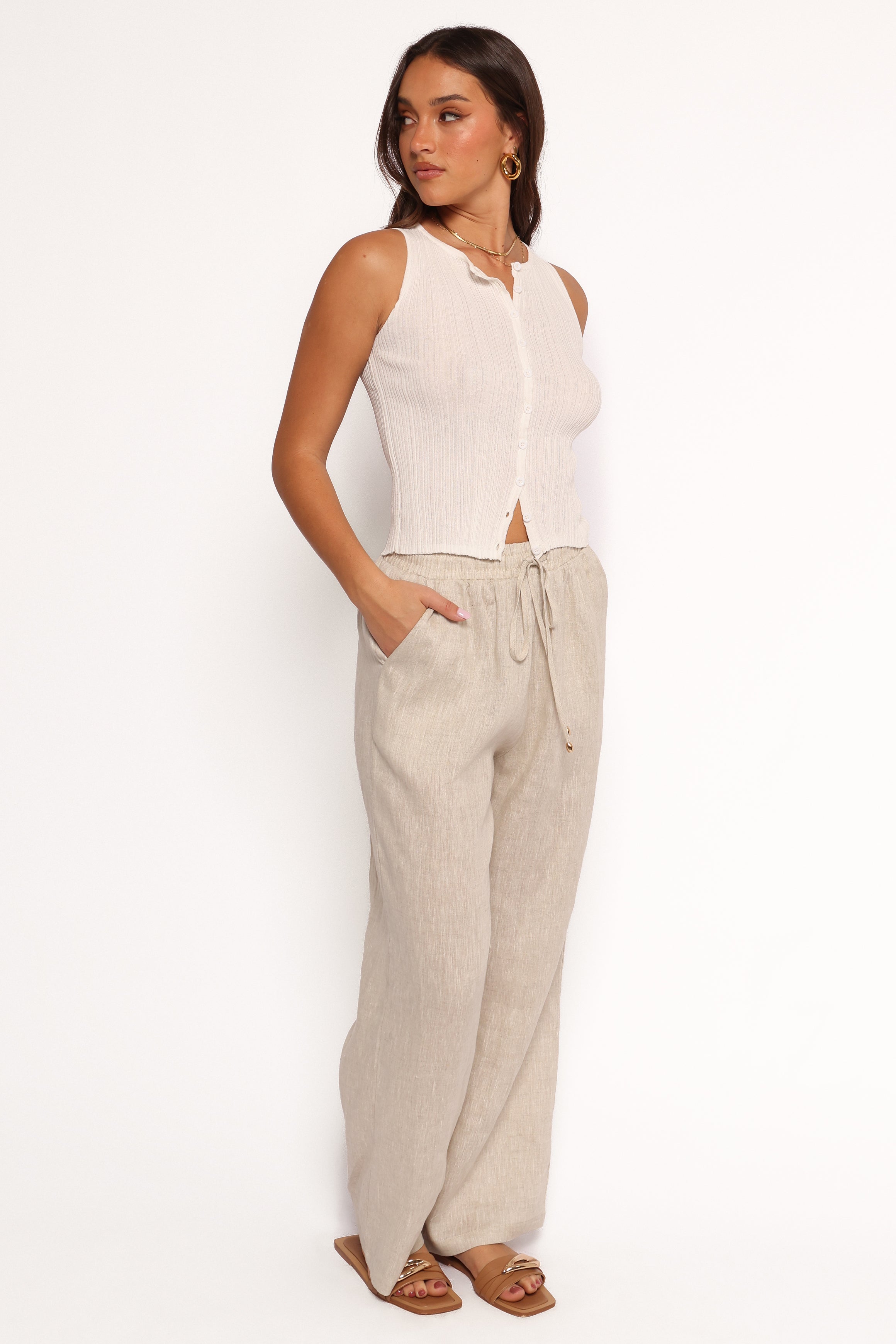 Linen High-Waisted Wide-Leg Pants with Drawstring - Beige