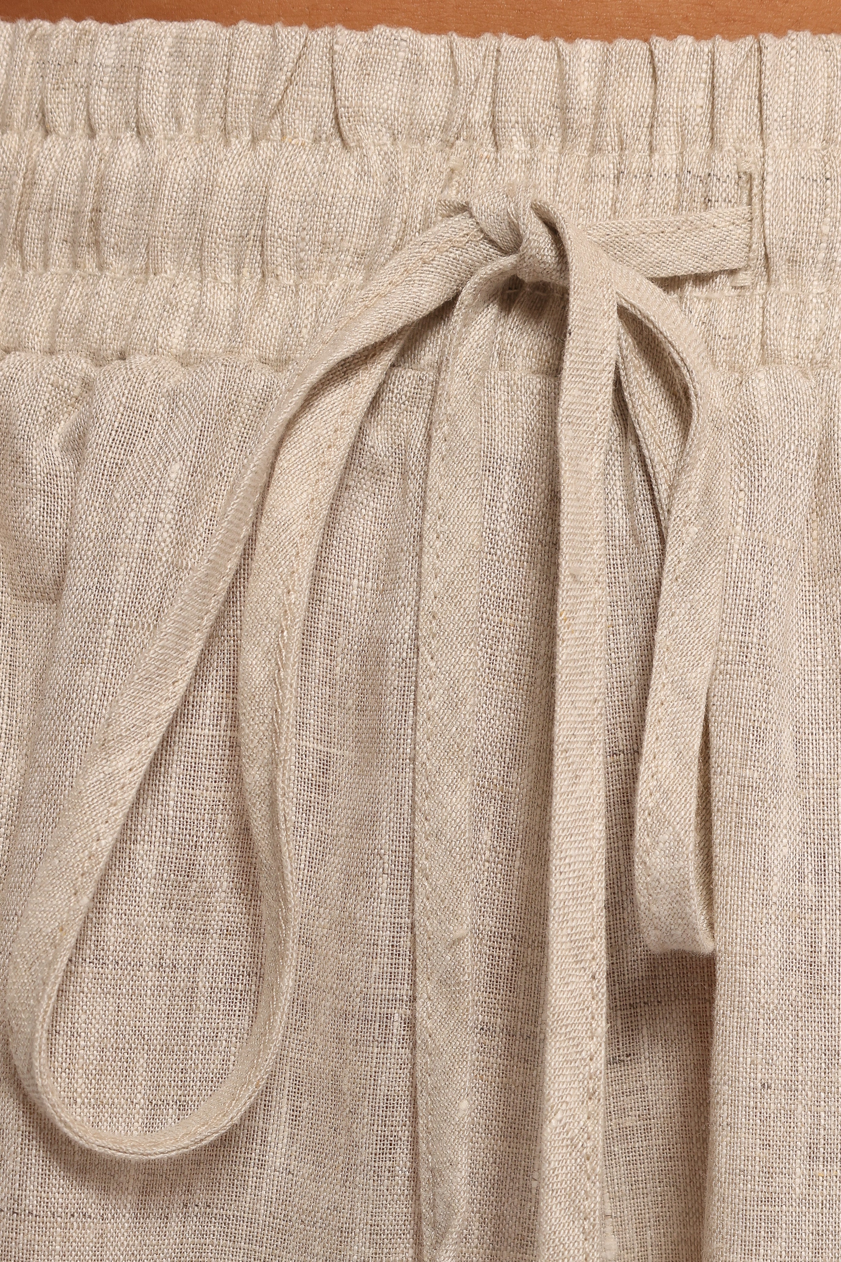Linen High-Waisted Wide-Leg Pants with Drawstring - Beige