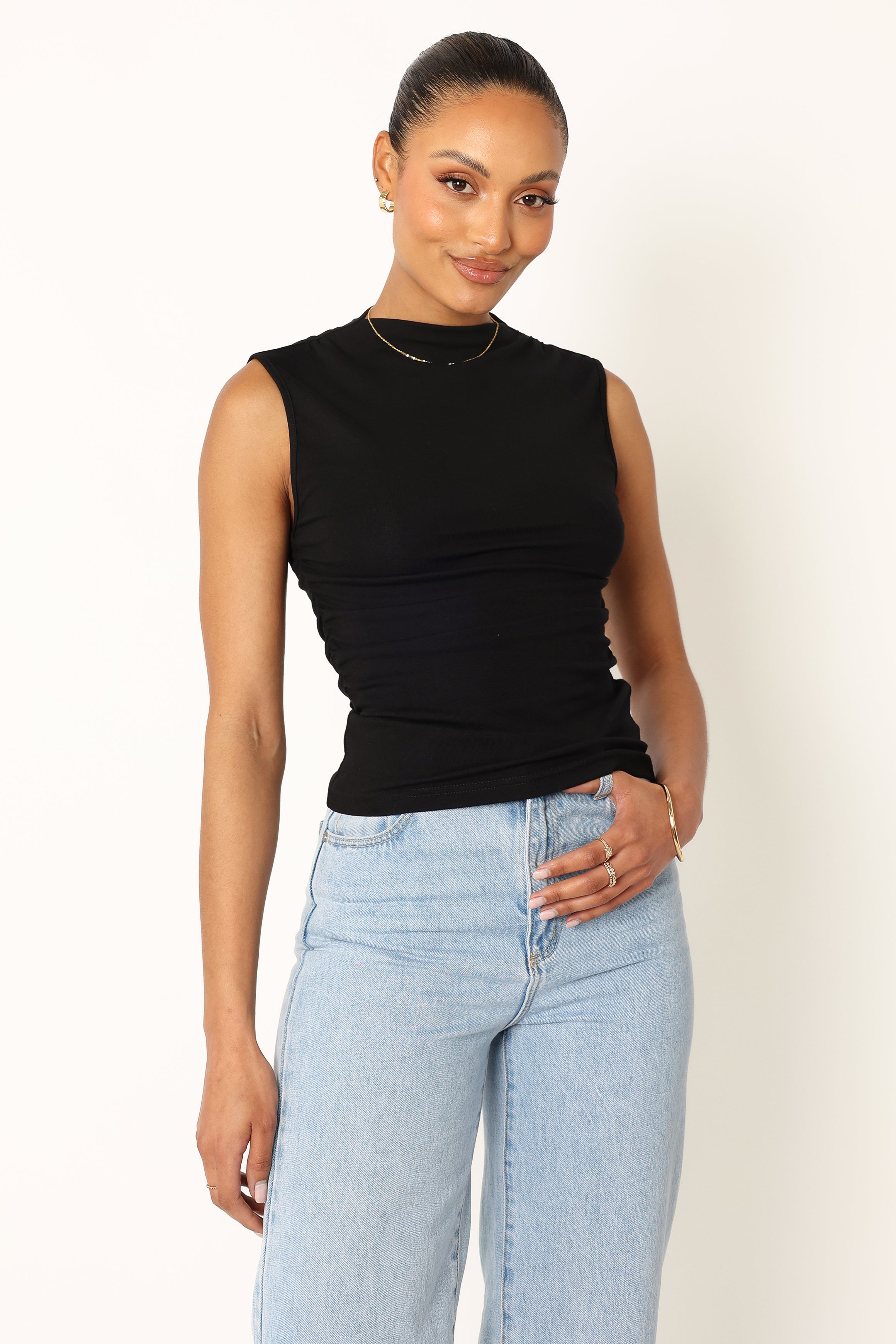 Nissa Black Ruched Sleeveless Tank Top - Cotton Spandex Blend