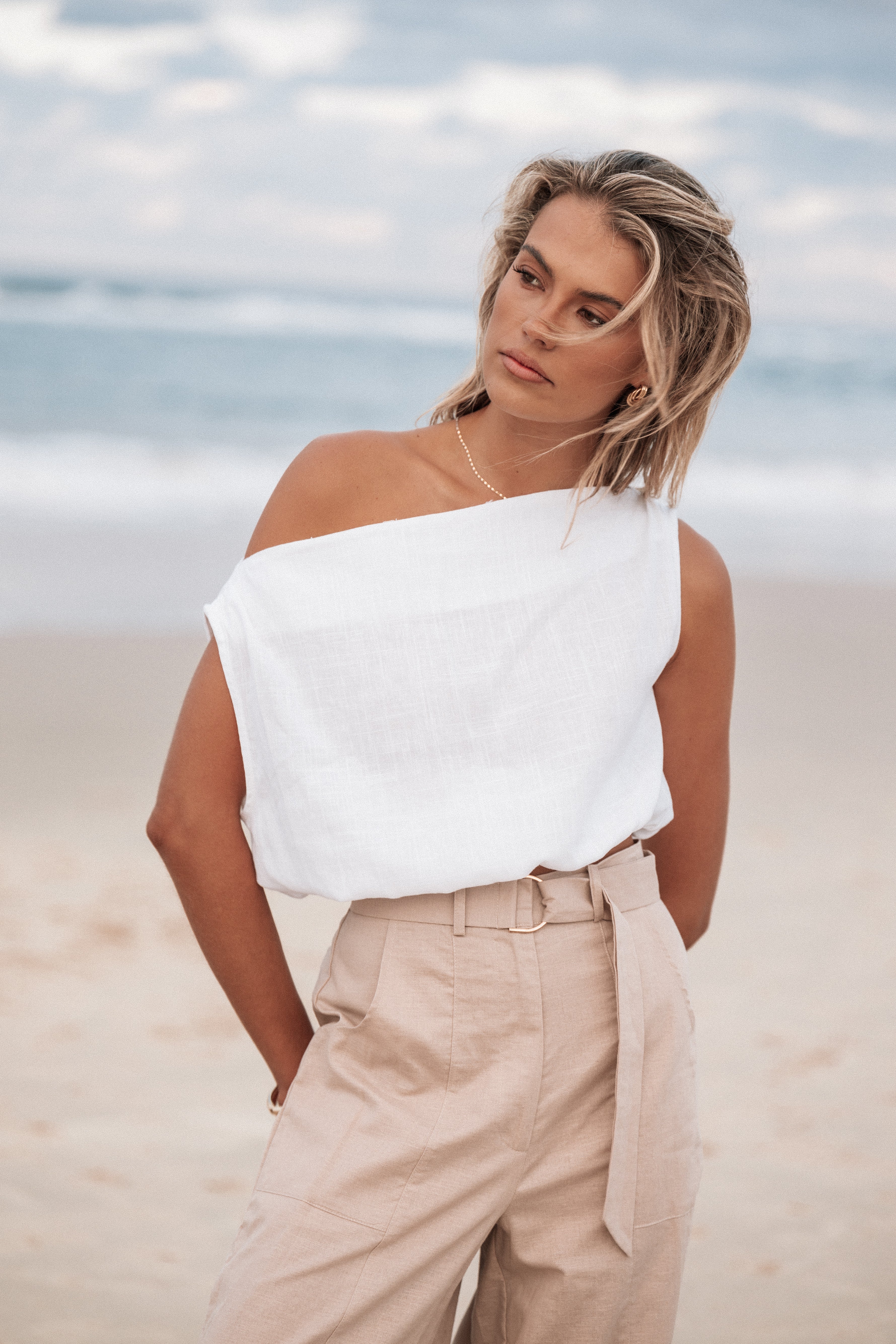White Cropped Boat Neck Sleeveless Top - Zara Style Cotton Linen Blend