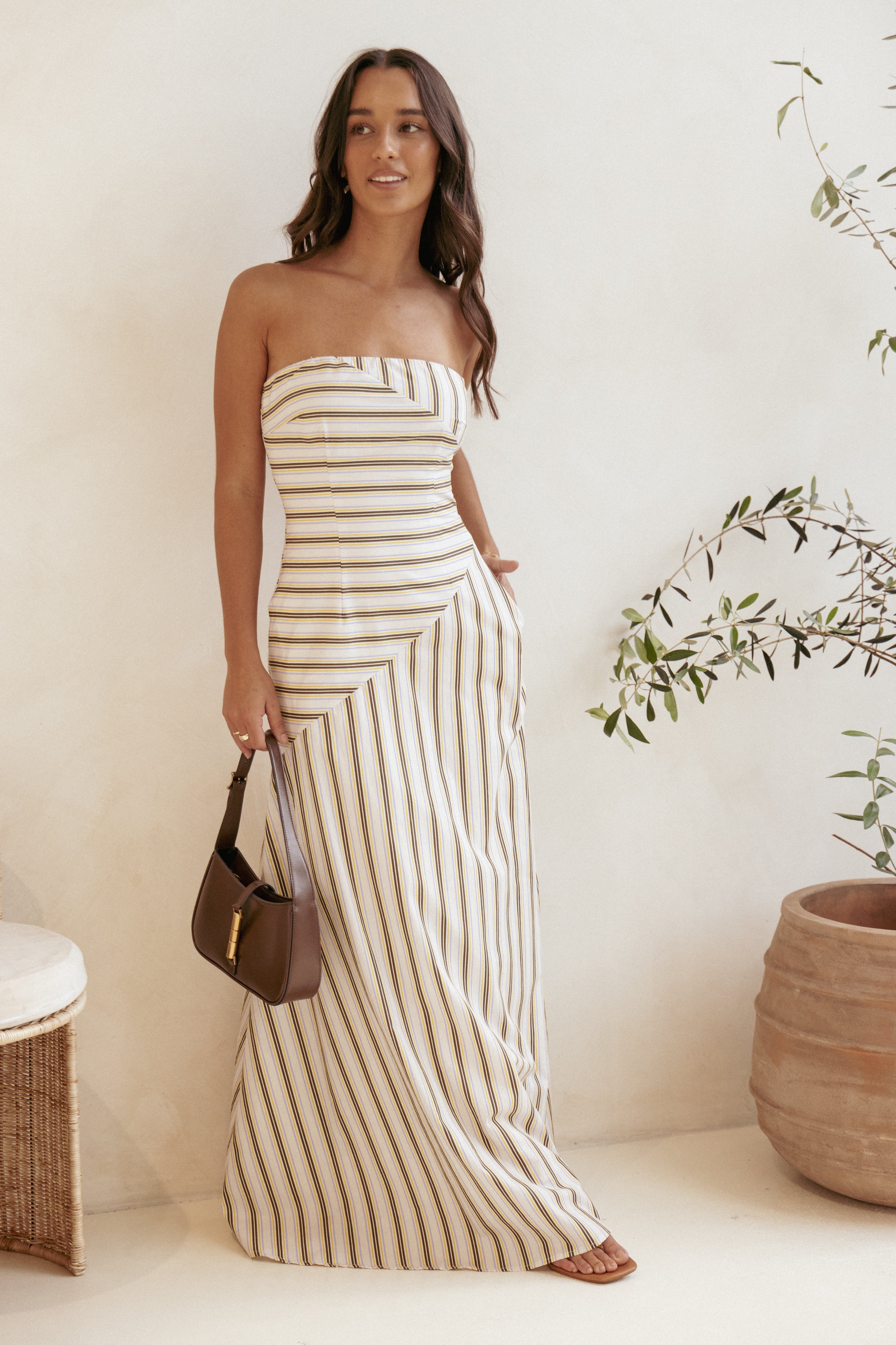 Maliah Strapless Cotton Maxi Dress with Bust Grip - Vory Stripe